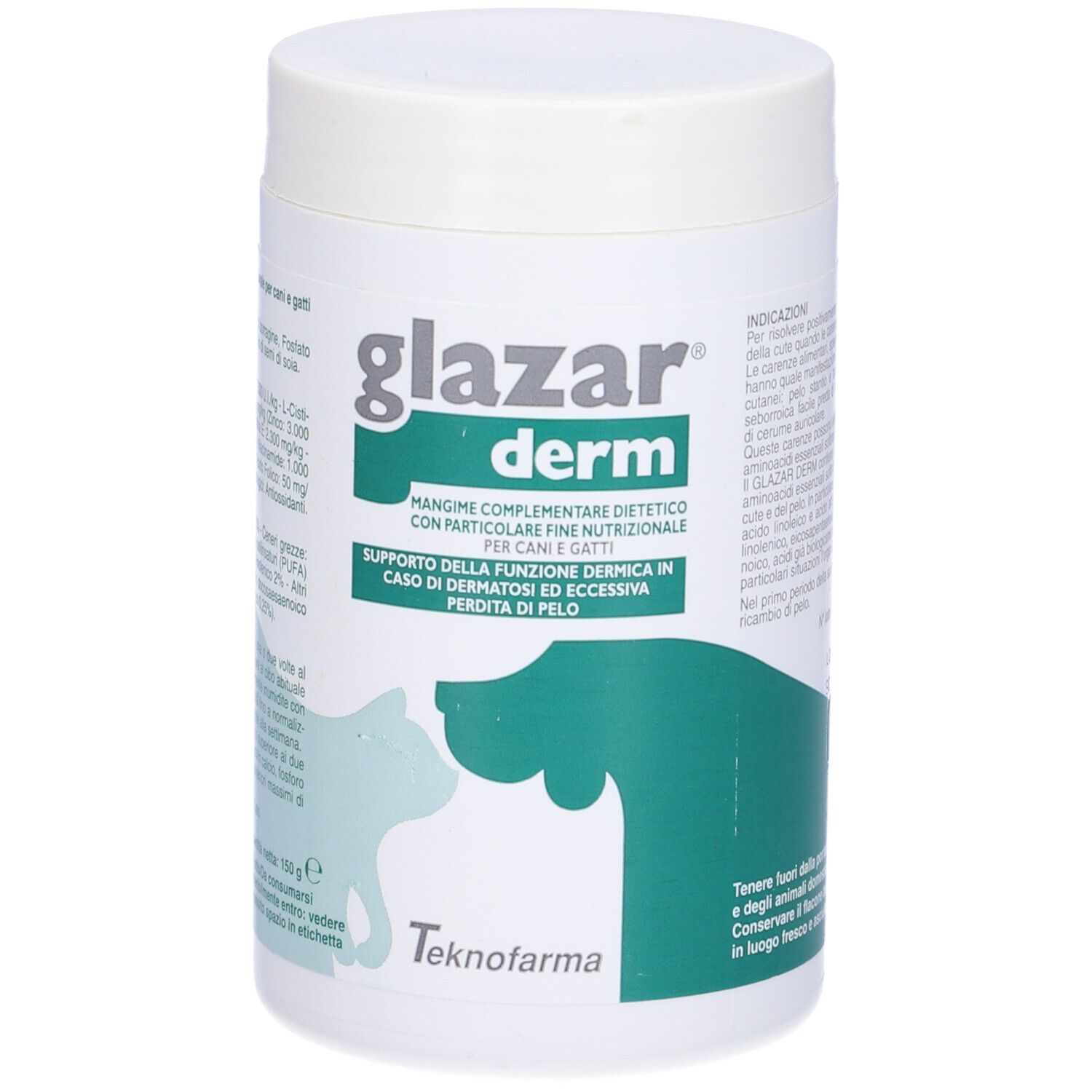 Barattolo bianco con coperchio. Scritta "glazar derm". Grafica verde e bianca.