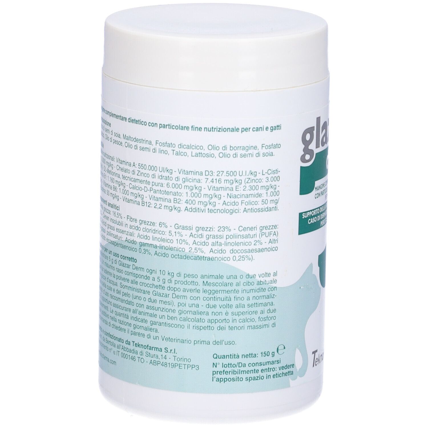 Barattolo bianco con coperchio. Scritta "glazar derm". Testo e grafica.
