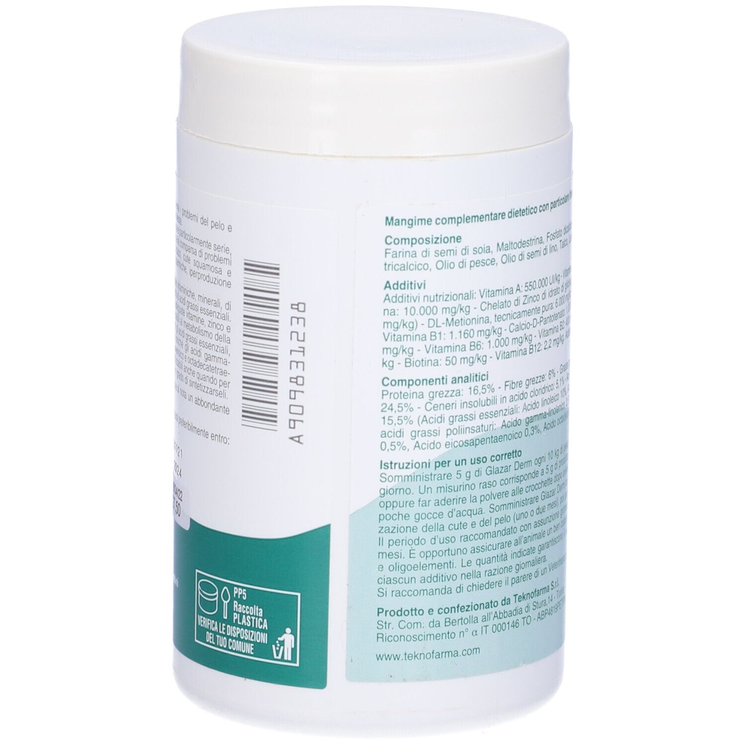 Barattolo bianco con coperchio. Scritta "glazar derm". Testo e grafica.