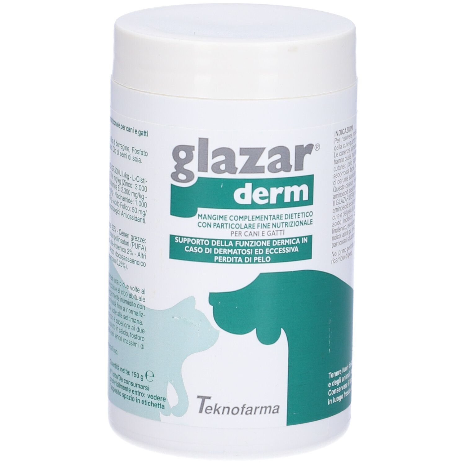 Barattolo bianco con coperchio. Scritta "glazar derm". Testo e grafica.