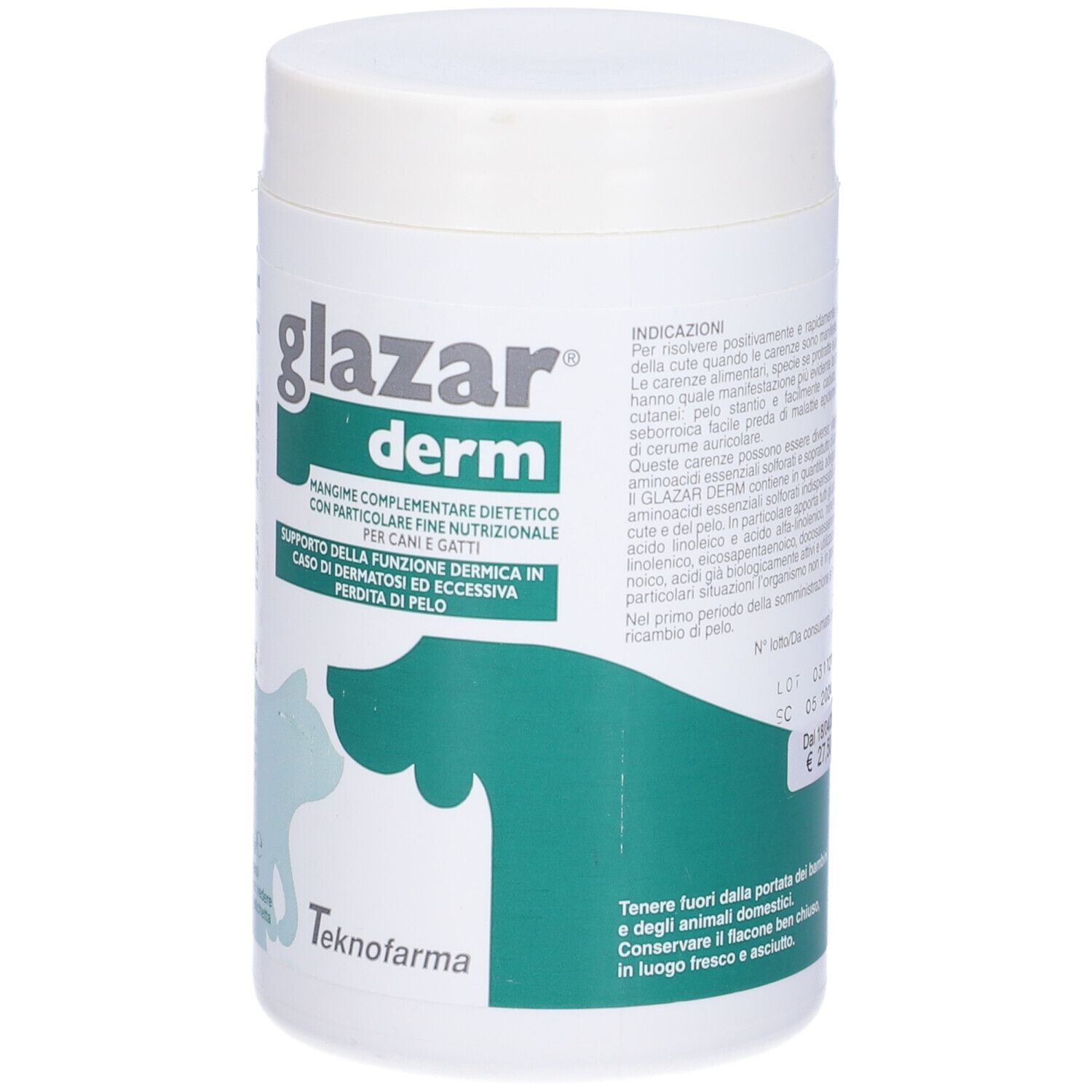 Barattolo bianco con coperchio. Scritta "glazar derm". Testo e grafica.