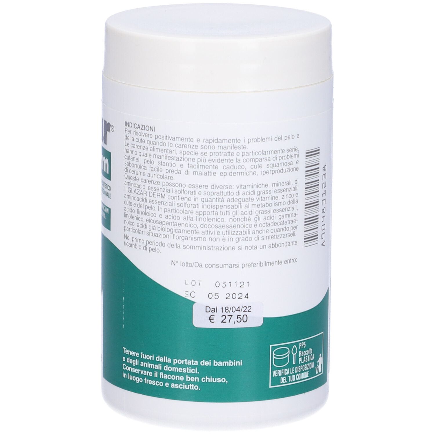 Barattolo bianco con coperchio. Scritta "glazar derm". Testo e grafica.