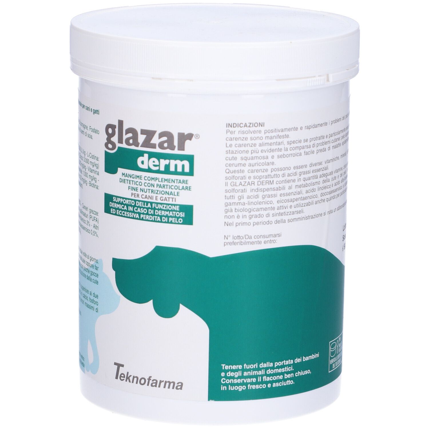 Contenitore bianco con coperchio. Scritta: glazar derm. Grafica verde e bianca con cane e gatto. Testo.