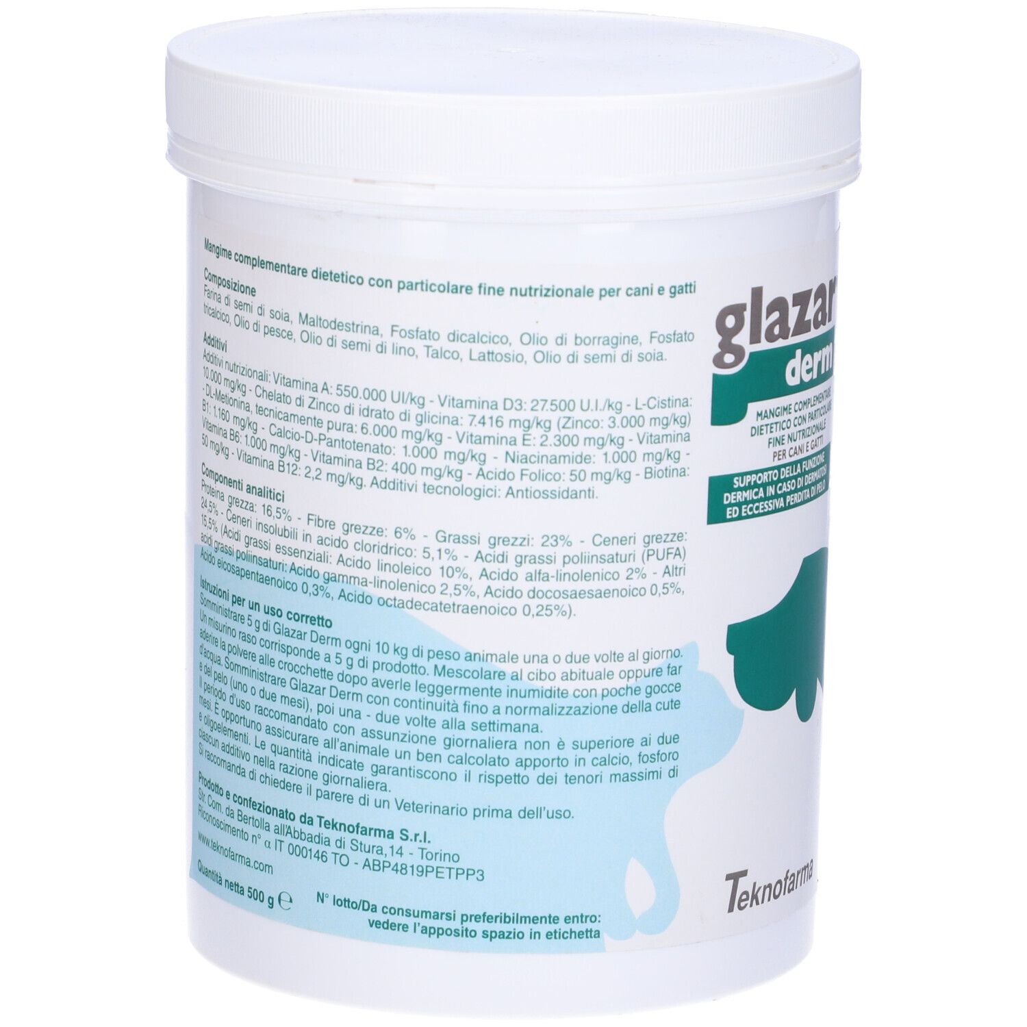 Contenitore bianco con coperchio. Scritta: glazar derm. Grafica verde e bianca con cane e gatto. Testo.