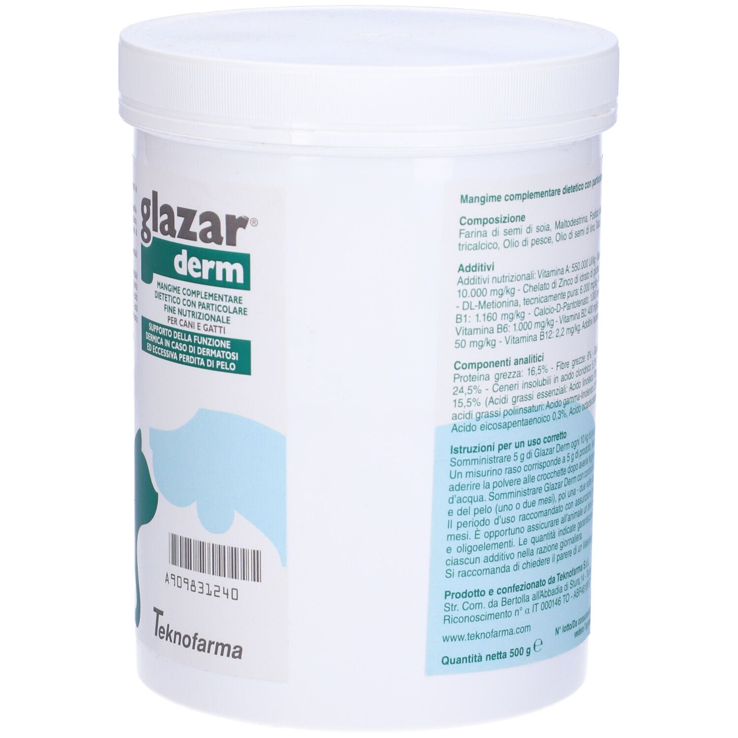 Contenitore bianco con coperchio. Scritta: glazar derm. Grafica verde e bianca con cane e gatto. Testo.