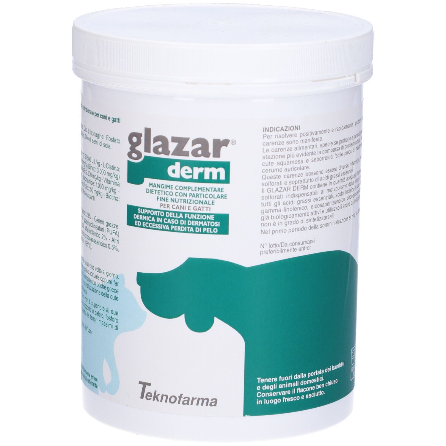 Contenitore bianco con coperchio. Scritta: glazar derm. Grafica verde e bianca con cane e gatto. Testo.