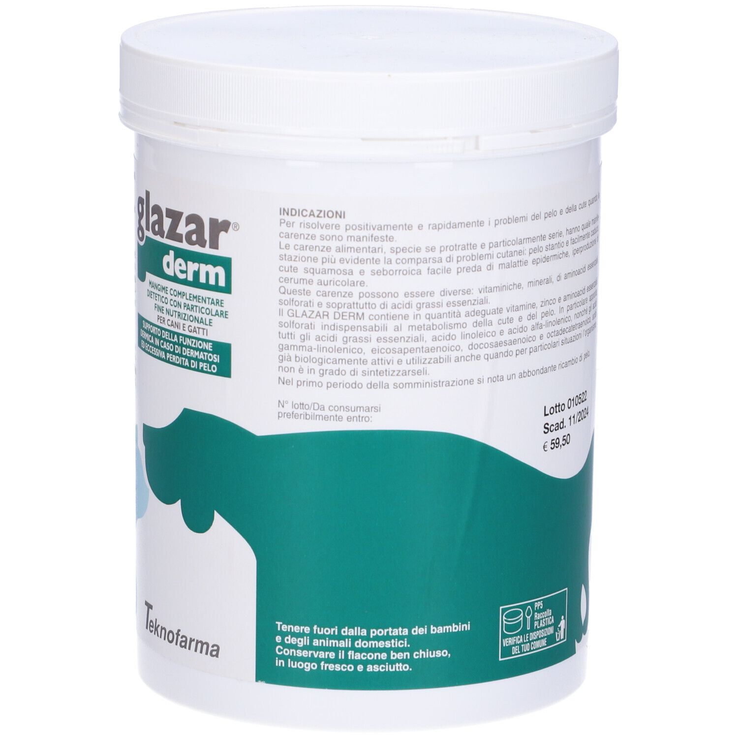 Contenitore bianco con coperchio. Scritta: glazar derm. Grafica verde e bianca con cane e gatto. Testo.