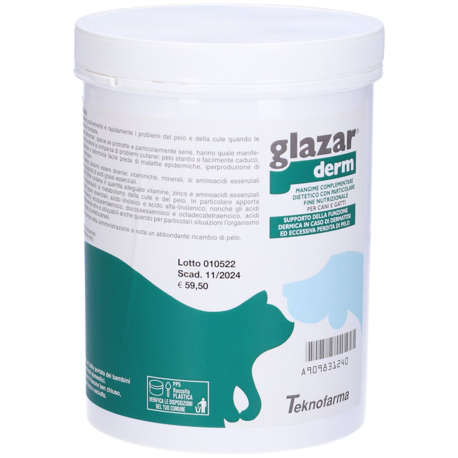 Contenitore bianco con coperchio. Scritta: glazar derm. Grafica verde e bianca con cane e gatto. Testo.