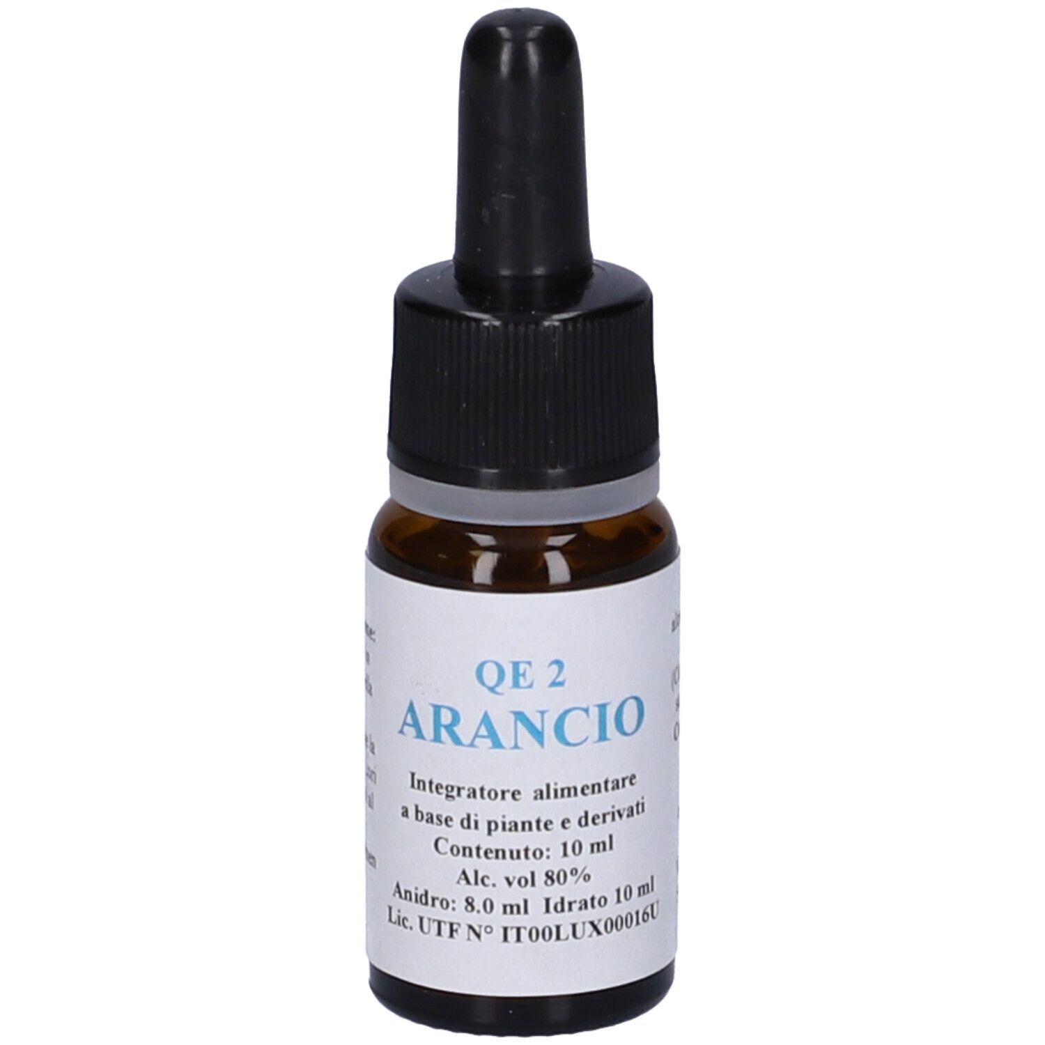 Flacone di vetro marrone con contagocce nero. Etichetta con testo: QE 2 Arancio, 10 ml. Integratore alimentare.