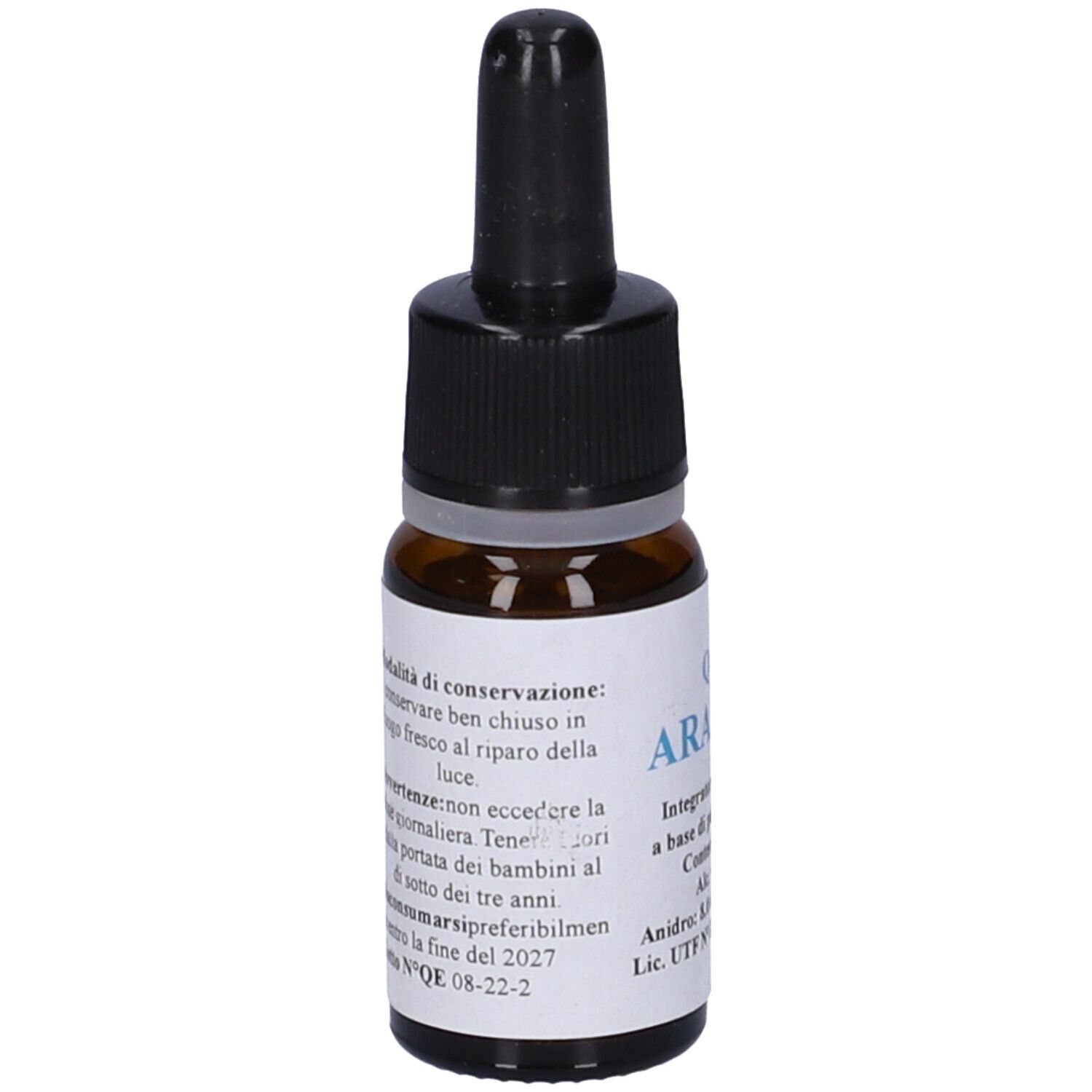 Flacone di vetro marrone con contagocce nero. Etichetta con testo: QE 2 Arancio, 10 ml. Integratore alimentare.