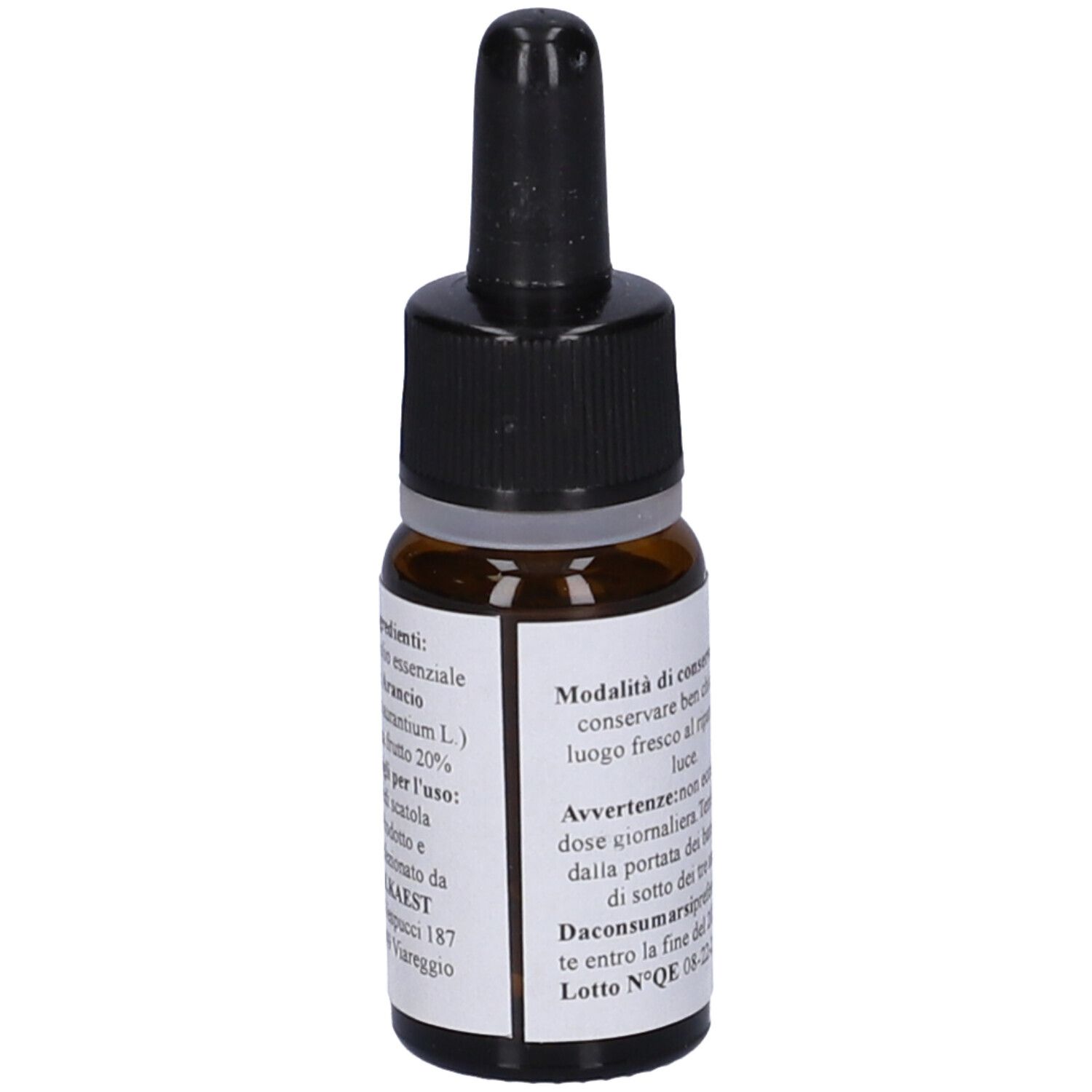 Flacone di vetro marrone con contagocce nero. Etichetta con testo: QE 2 Arancio, 10 ml. Integratore alimentare.