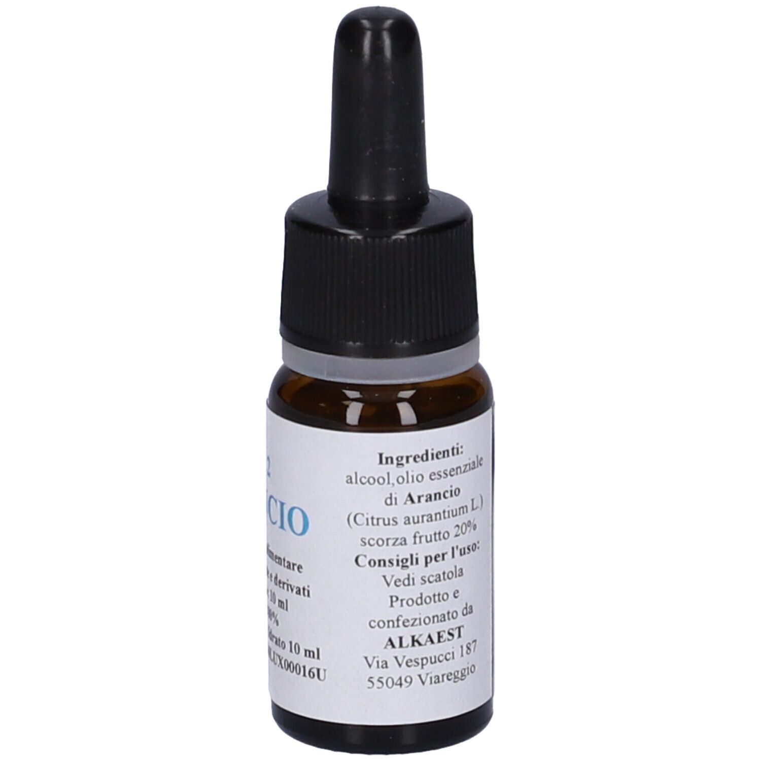 Flacone di vetro marrone con contagocce nero. Etichetta con testo: QE 2 Arancio, 10 ml. Integratore alimentare.