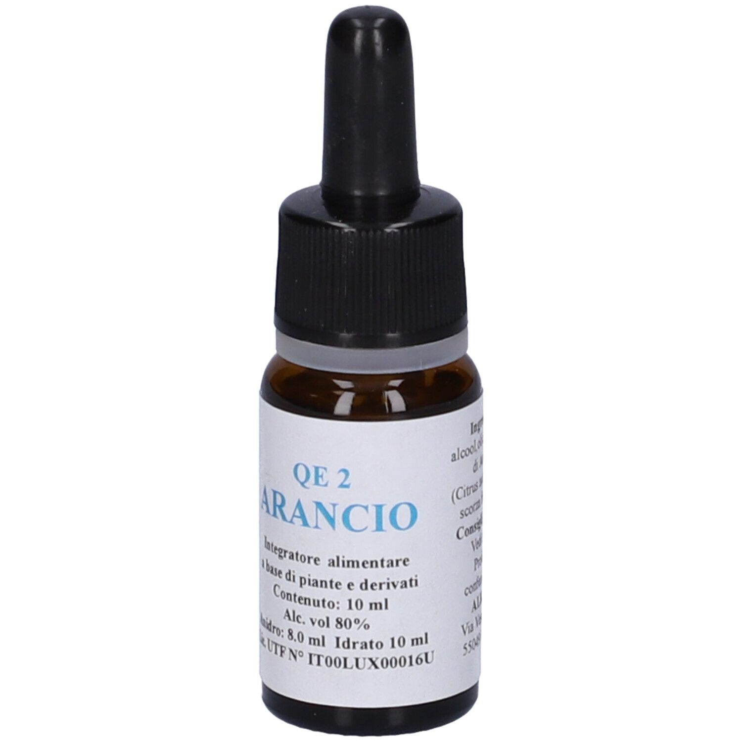 Flacone di vetro marrone con contagocce nero. Etichetta con testo: QE 2 Arancio, 10 ml. Integratore alimentare.
