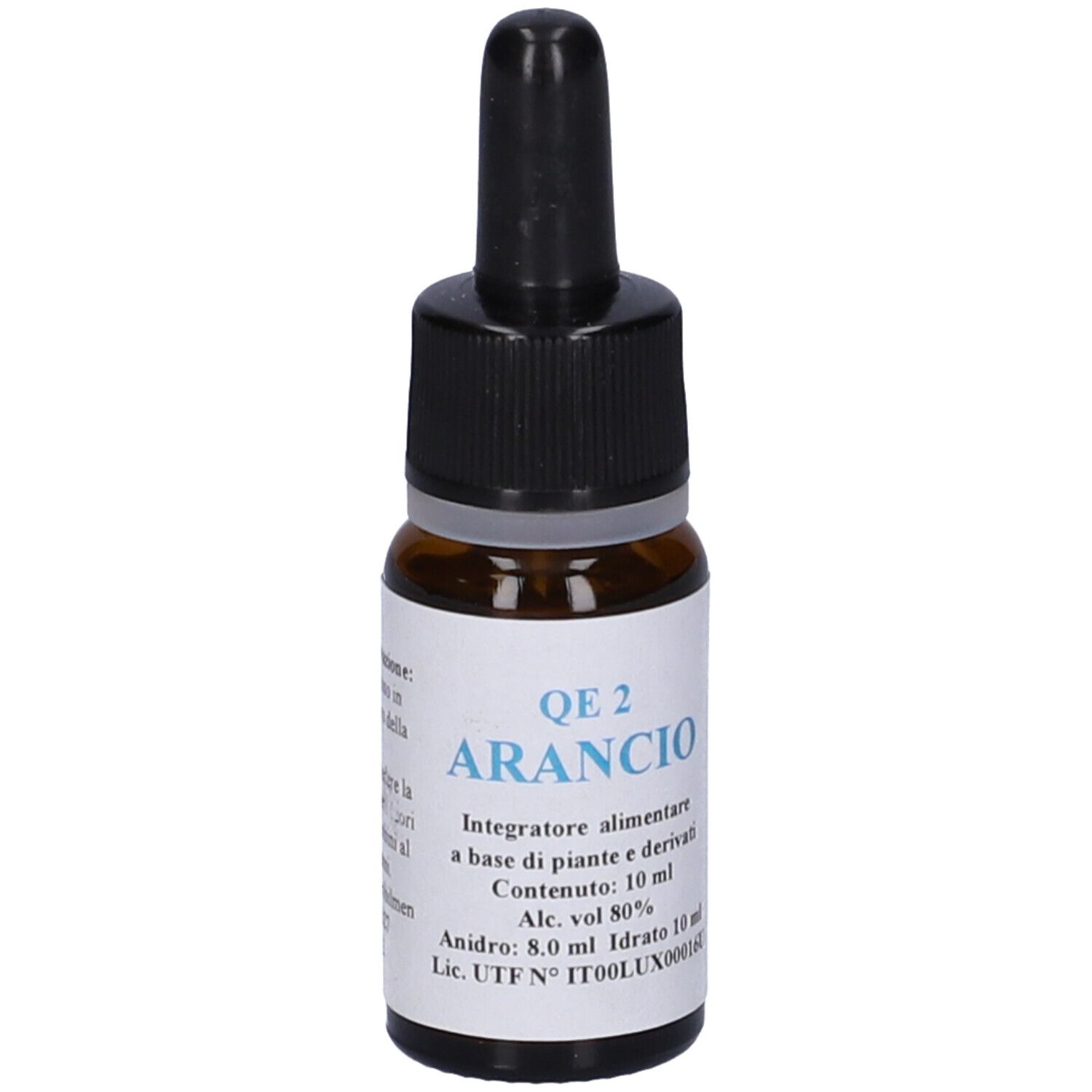 Flacone di vetro marrone con contagocce nero. Etichetta con testo: QE 2 Arancio, 10 ml. Integratore alimentare.