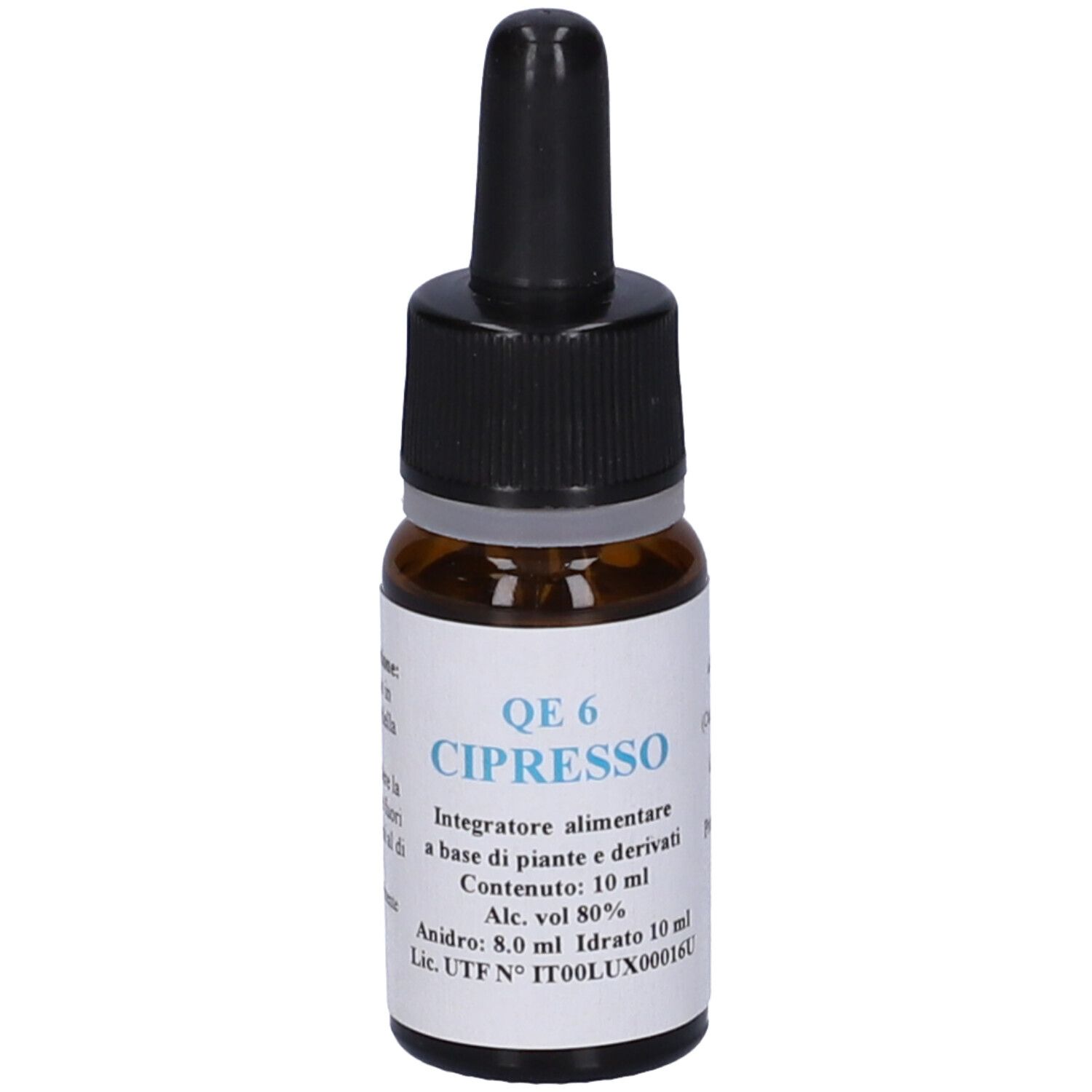Flacone di vetro marrone con contagocce nero. Etichetta con testo: QE 6 Cipresso, 10 ml, alcool 80%.