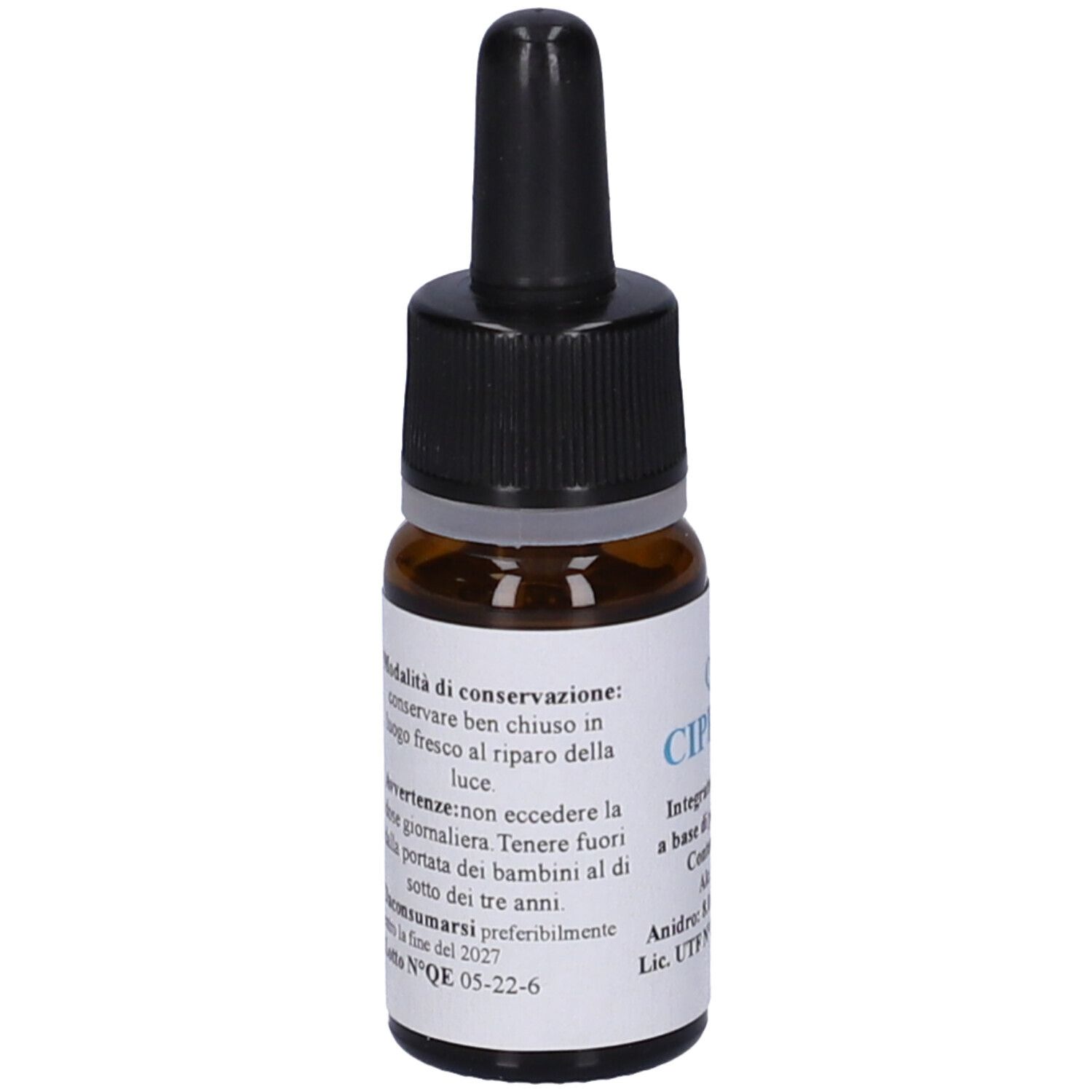 Flacone di vetro marrone con contagocce nero. Etichetta con testo: QE 6 Cipresso, 10 ml, alcool 80%. Testo sulla conservazione.