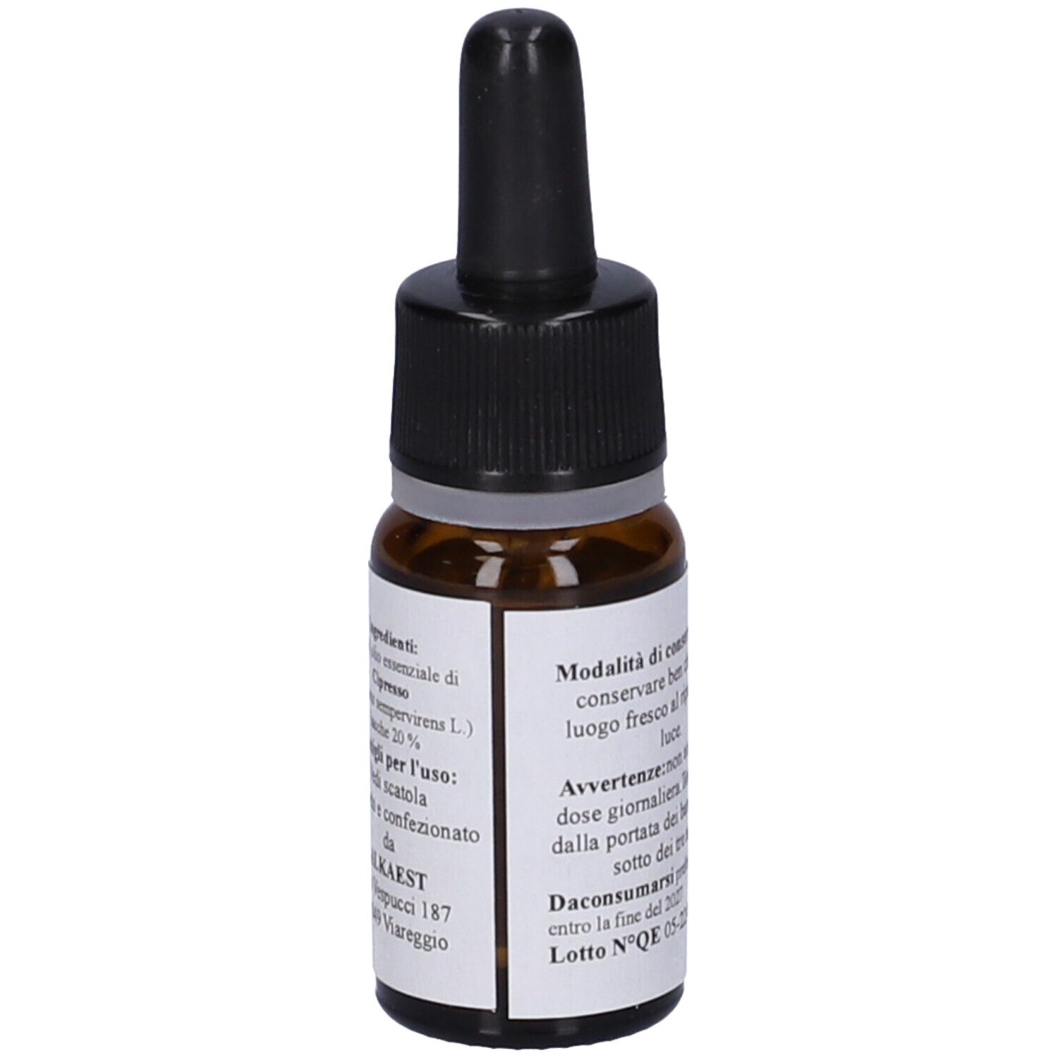 Flacone di vetro marrone con contagocce nero. Etichetta con testo: QE 6 Cipresso, 10 ml, alcool 80%. Testo sugli ingredienti.