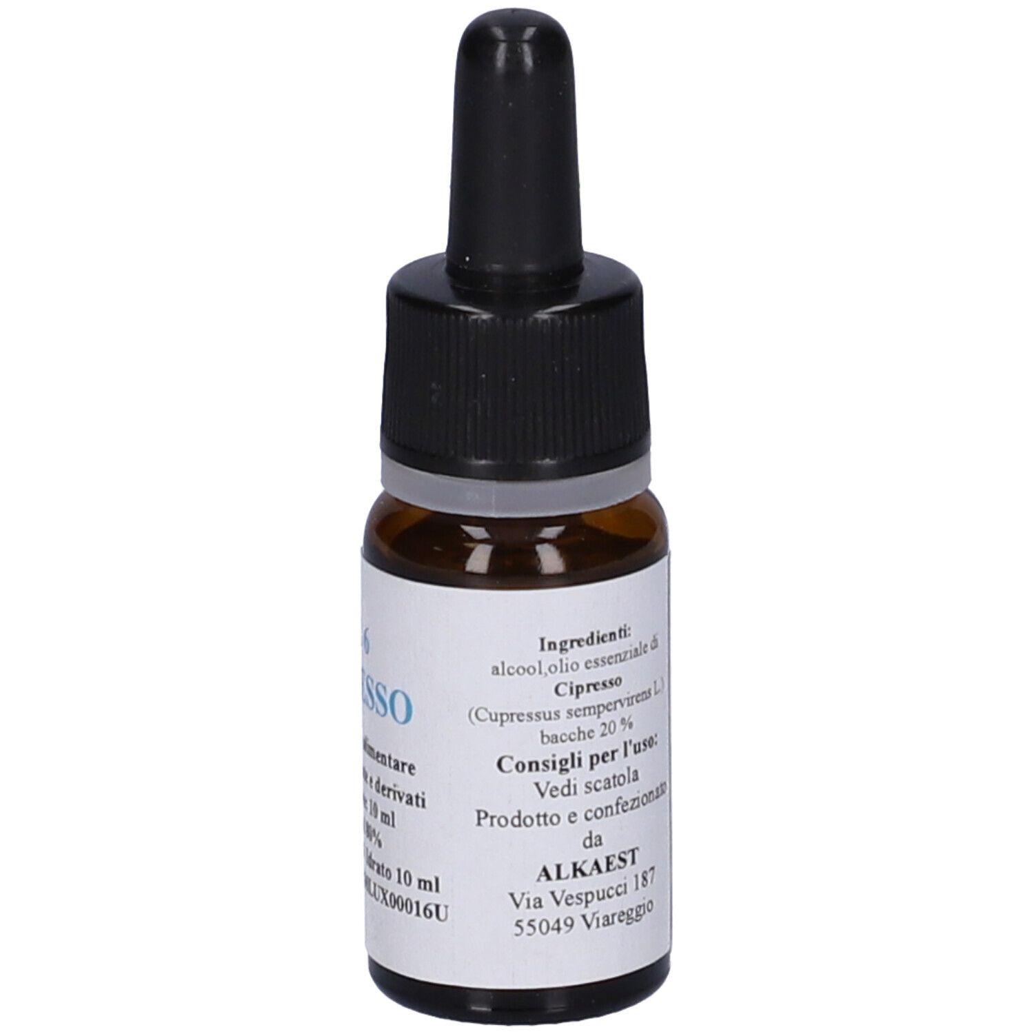 Flacone di vetro marrone con contagocce nero. Etichetta con testo: QE 6 Cipresso, 10 ml, alcool 80%. Ingredienti e uso.