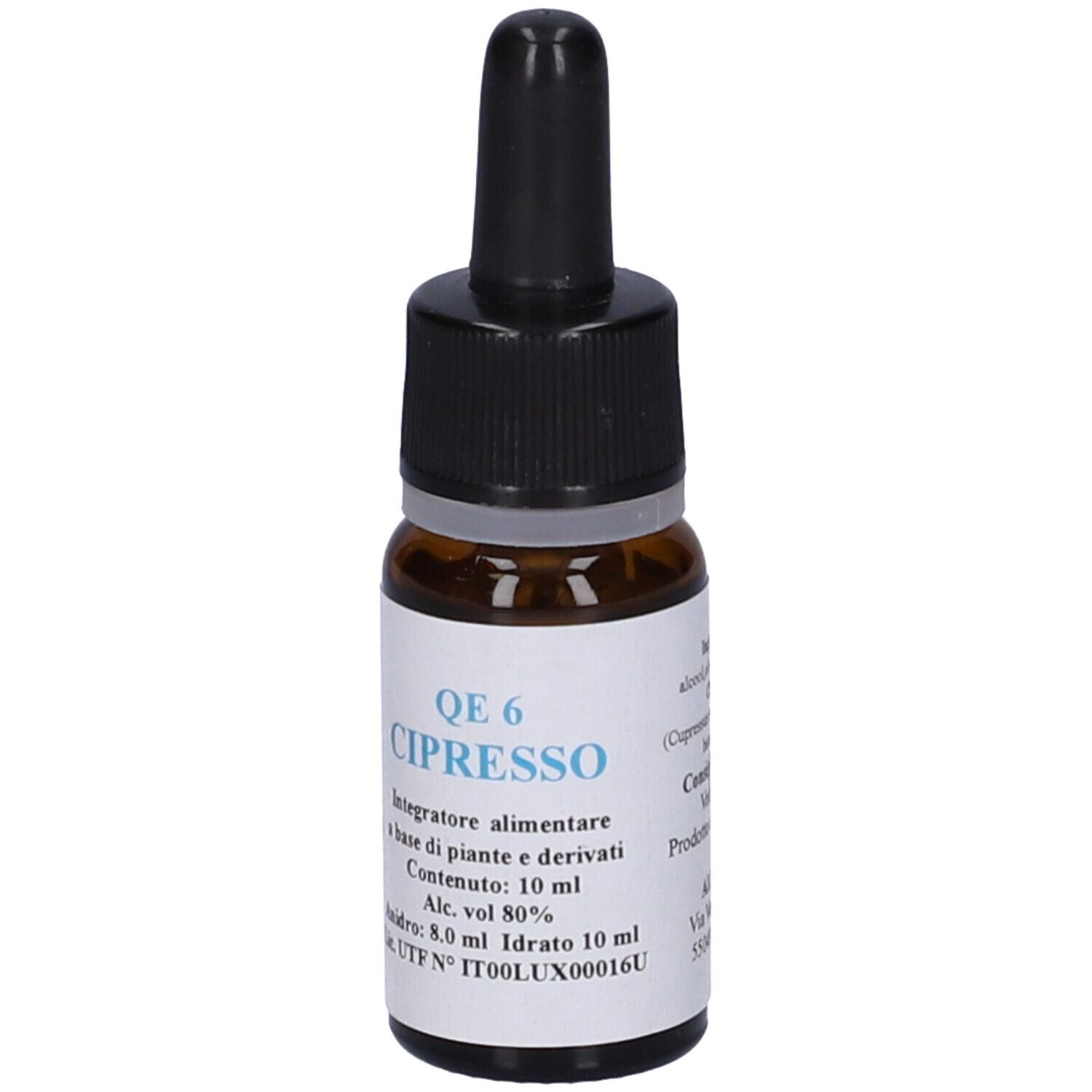 Flacone di vetro marrone con contagocce nero. Etichetta con testo: QE 6 Cipresso, 10 ml, alcool 80%.