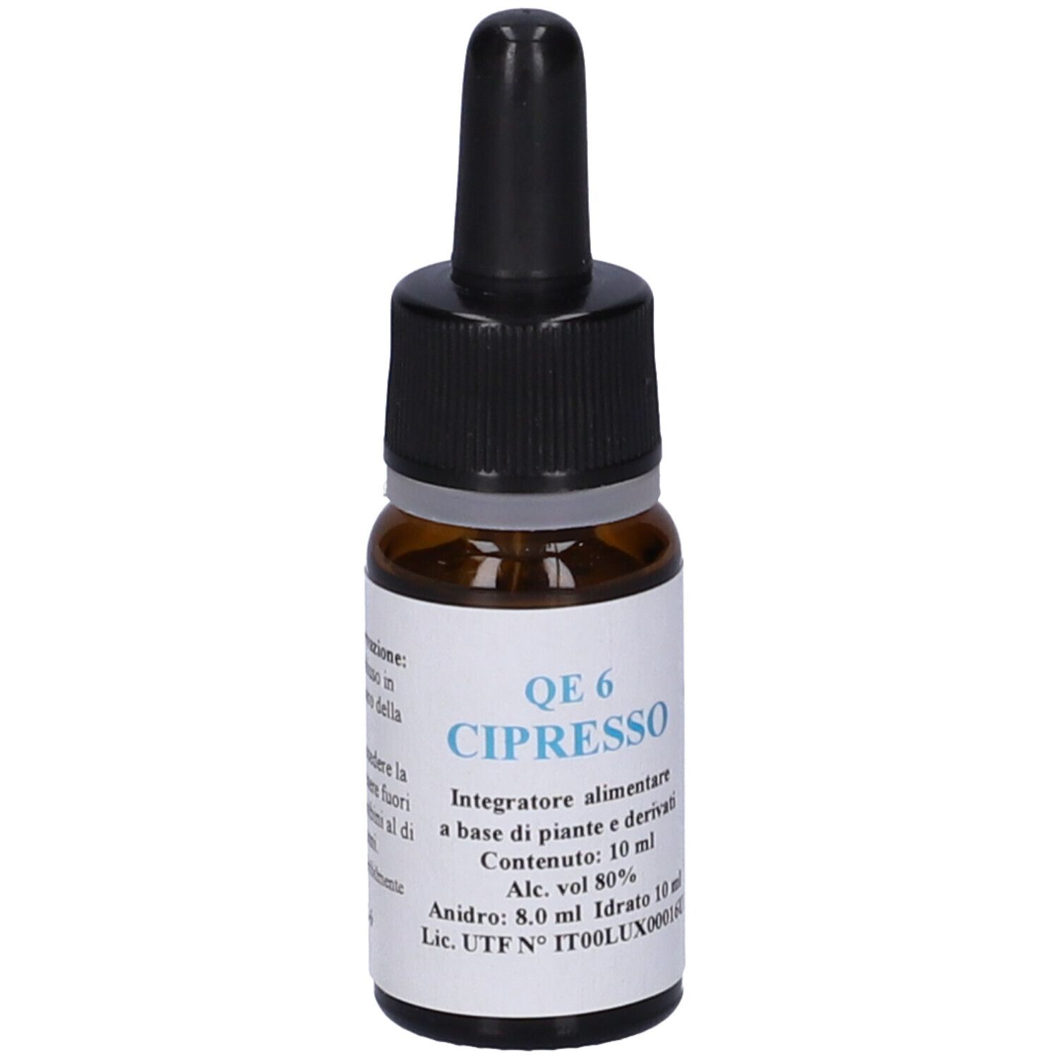 Flacone di vetro marrone con contagocce nero. Etichetta con testo: QE 6 Cipresso, 10 ml, alcool 80%.