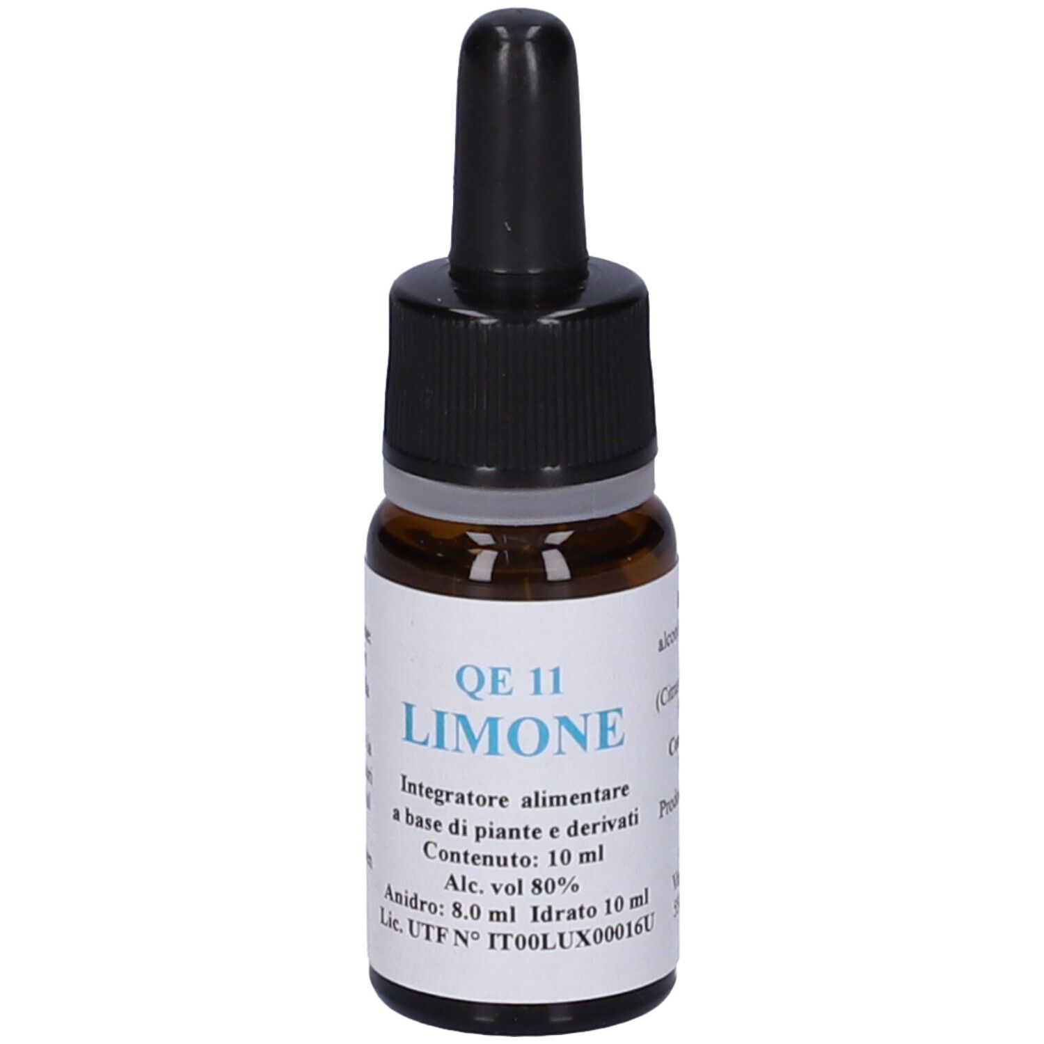 Flacone di vetro marrone con contagocce nero. Etichetta: QE 11 Limone, 10 ml. Ingredienti e produttore sull'etichetta.