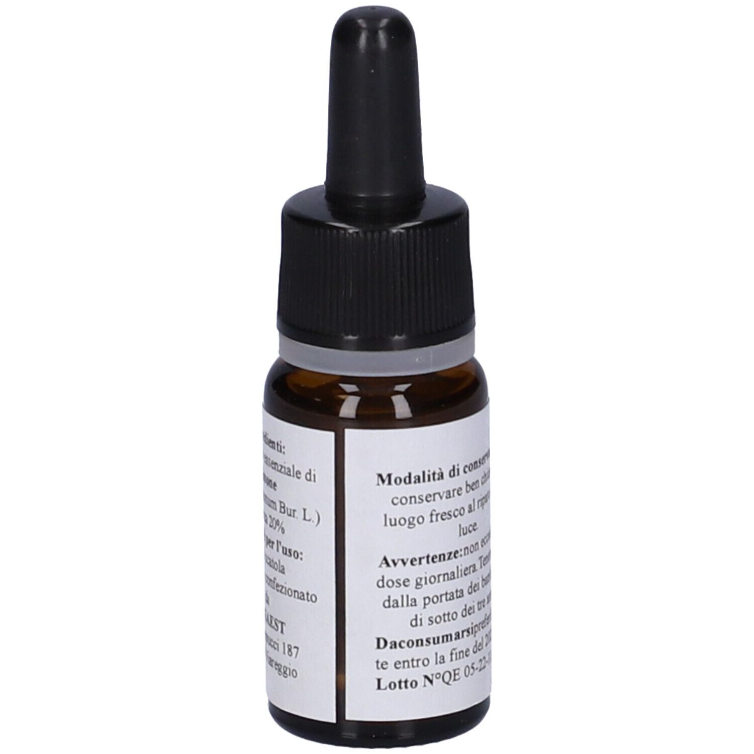 Flacone di vetro marrone con contagocce nero. Testo sull'etichetta. Ingredienti e produttore. Indirizzo del produttore.