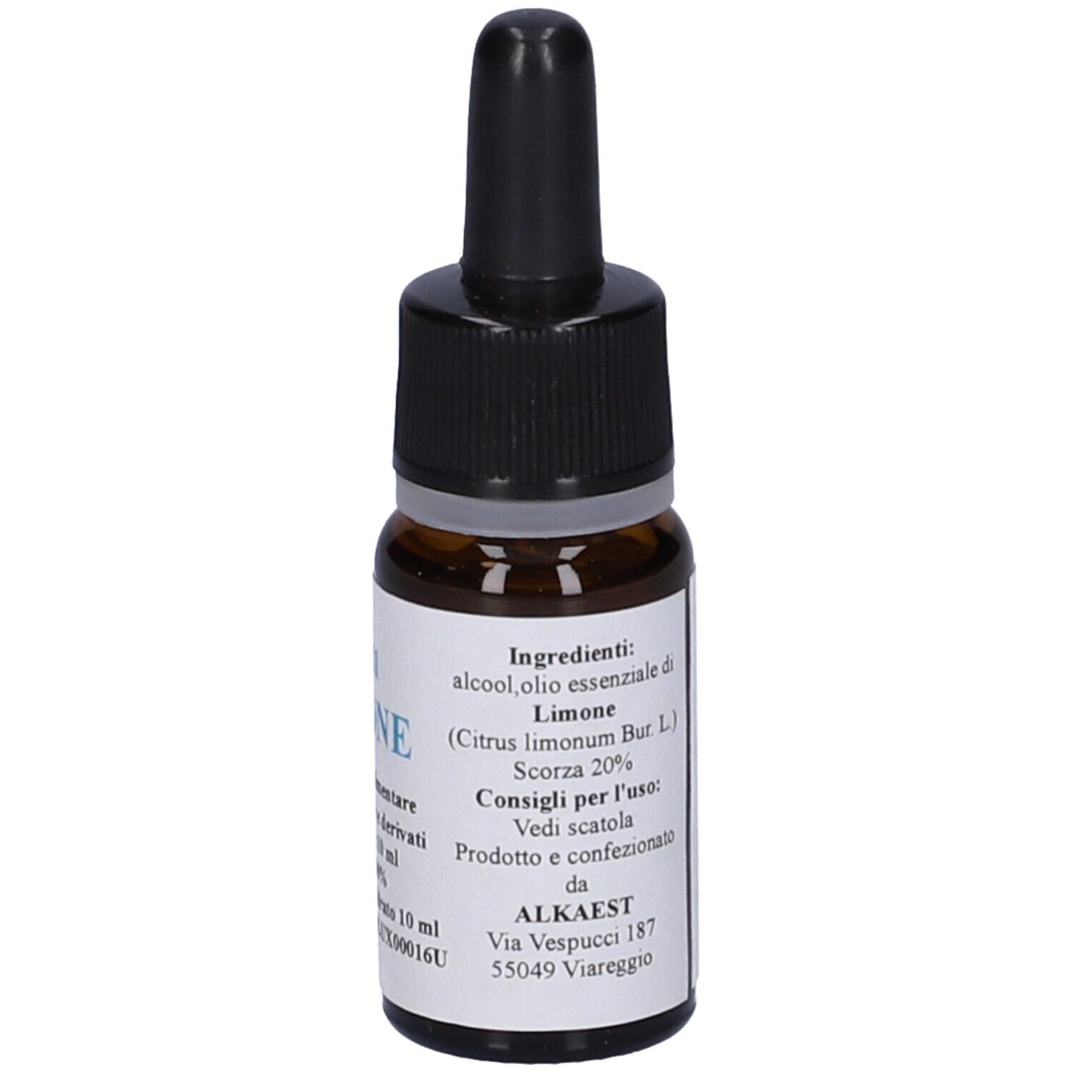 Flacone di vetro marrone con contagocce nero. Etichetta con testo. Ingredienti, informazioni e indirizzo del produttore.