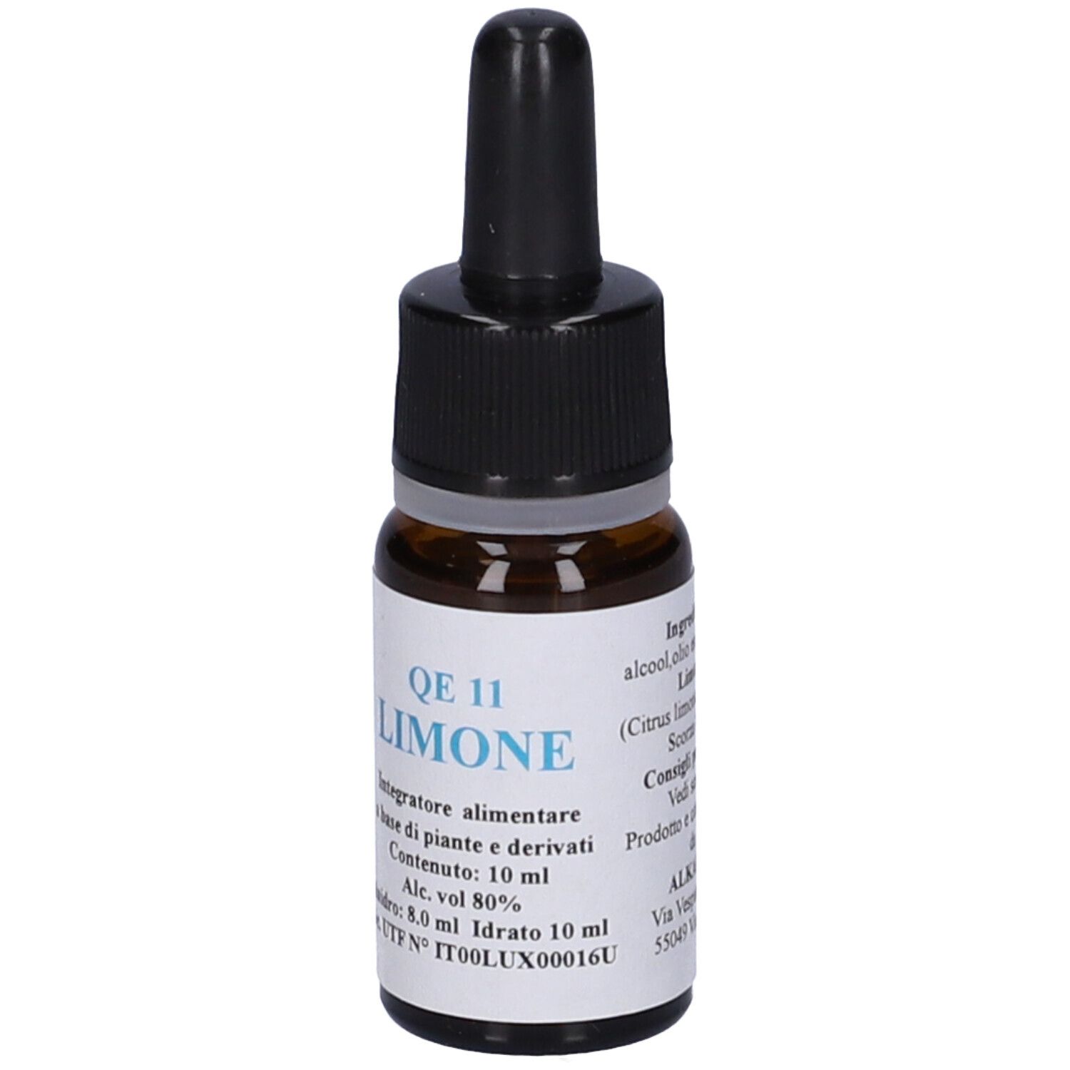 Flacone di vetro marrone con contagocce nero. Etichetta: QE 11 Limone, 10 ml. Ingredienti e produttore sull'etichetta.