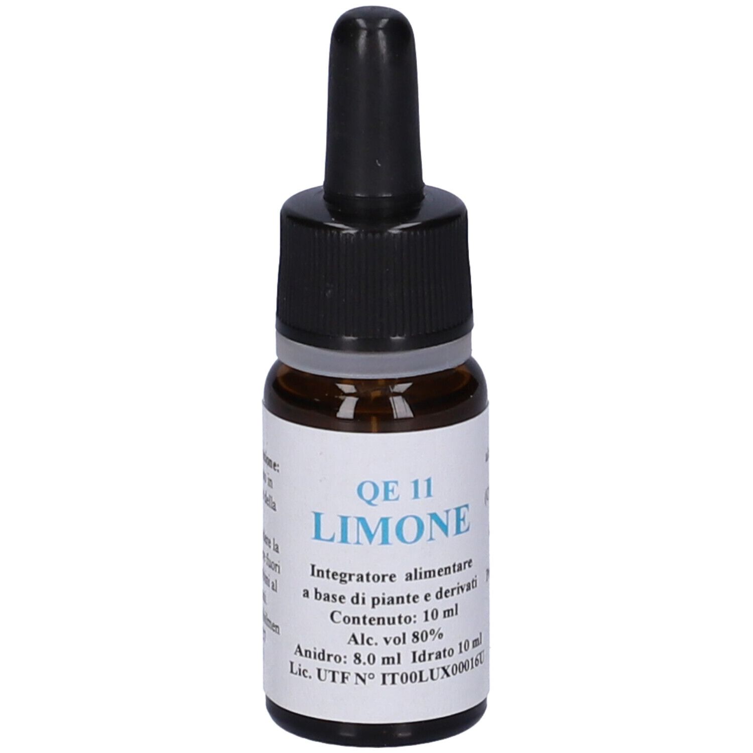 Flacone di vetro marrone con contagocce nero. Etichetta: QE 11 Limone, 10 ml. Ingredienti e produttore sull'etichetta.