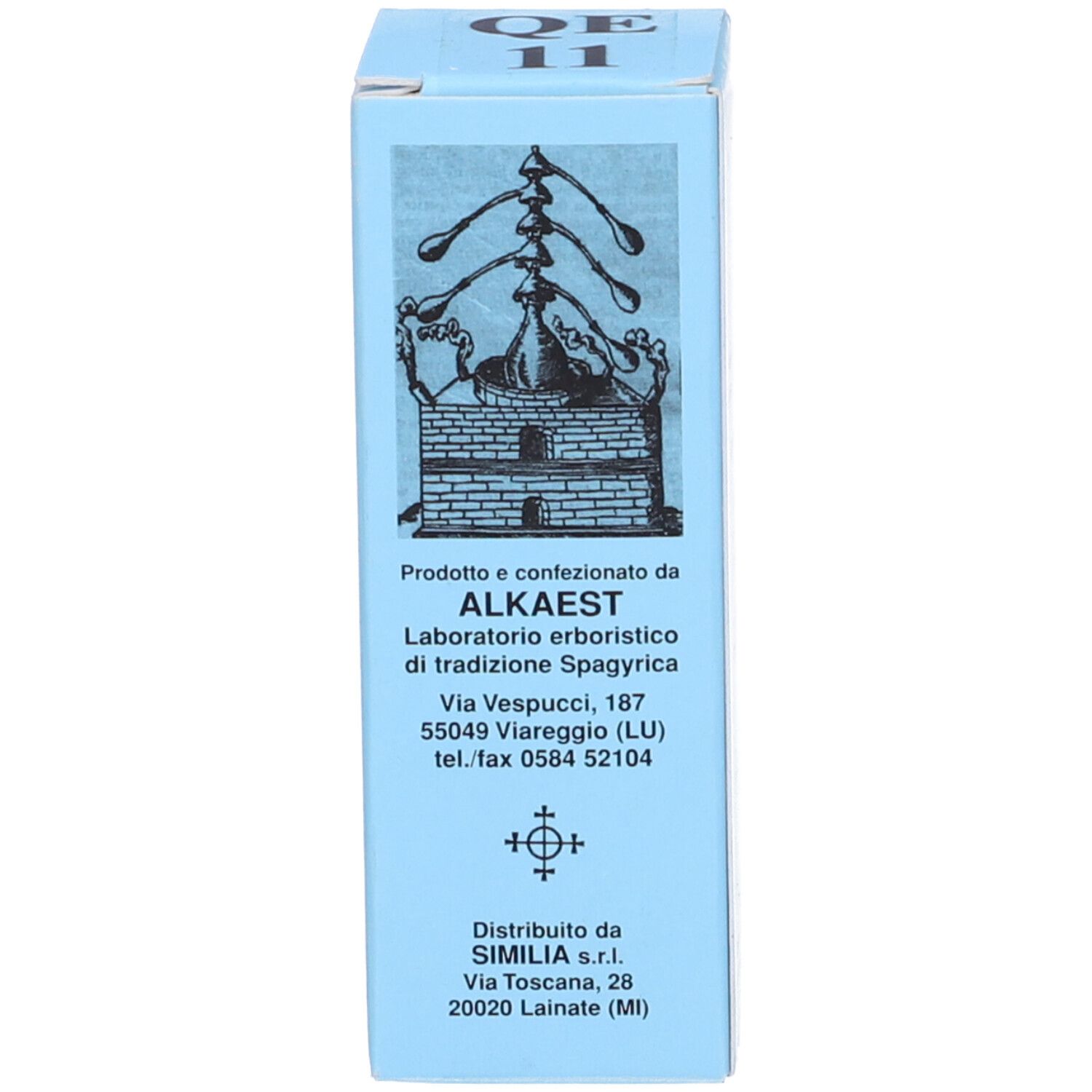 Scatola azzurra con logo e testo. Nome del prodotto: QE 11. Informazioni e indirizzo del produttore.