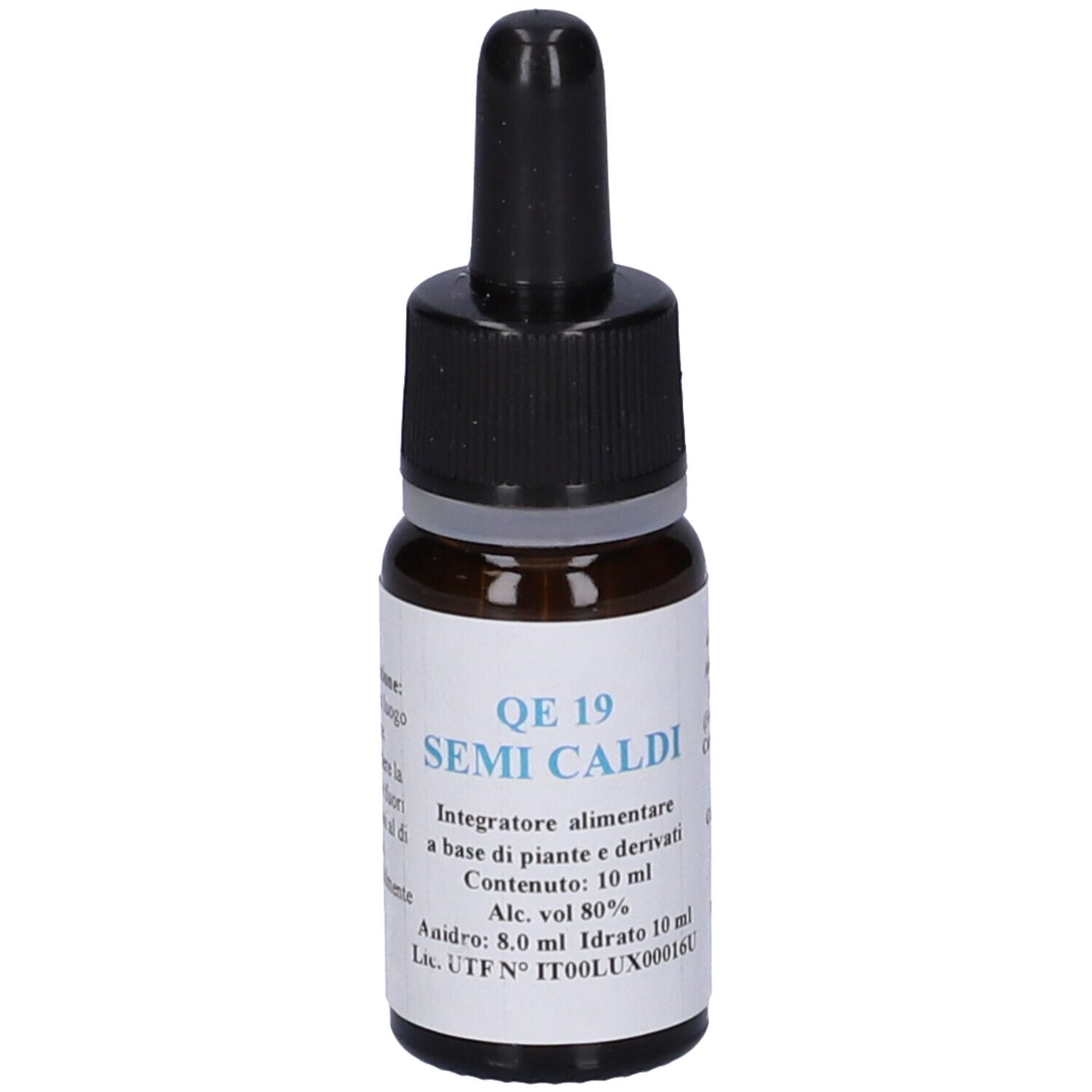 Flacone di vetro marrone con tappo nero ed etichetta. Scritta: QE 19 SEMI CALDI. Contiene 10 ml.