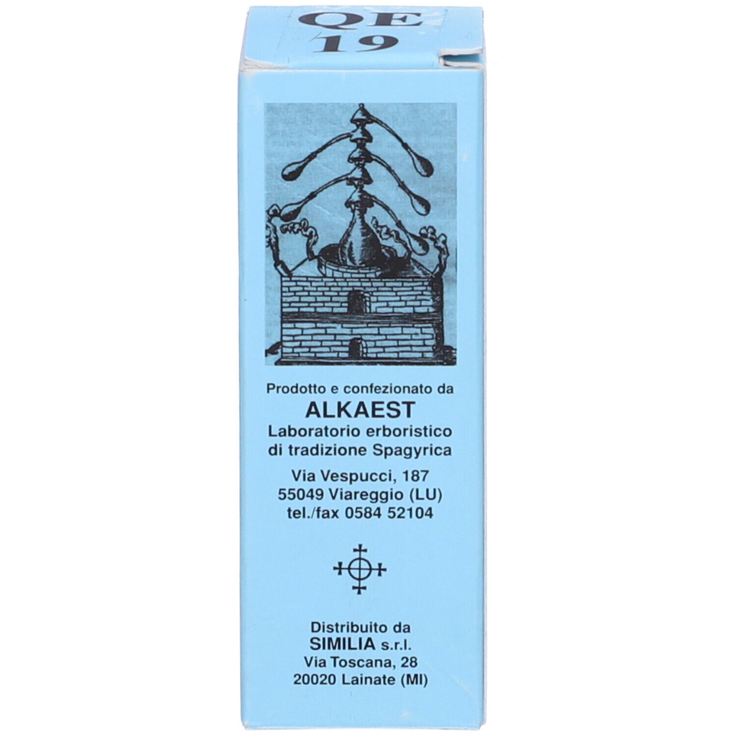 Confezione del prodotto. Scatola azzurra con scritta QE 19 e nome del prodotto. Produttore: ALKAEAST.
