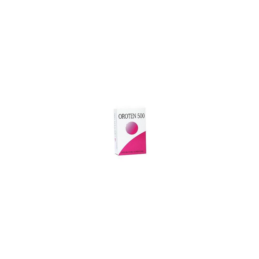 Confezione Oroten 500. Scatola bianca con cerchio rosa e scritta. Nome del prodotto e logo ben visibili.