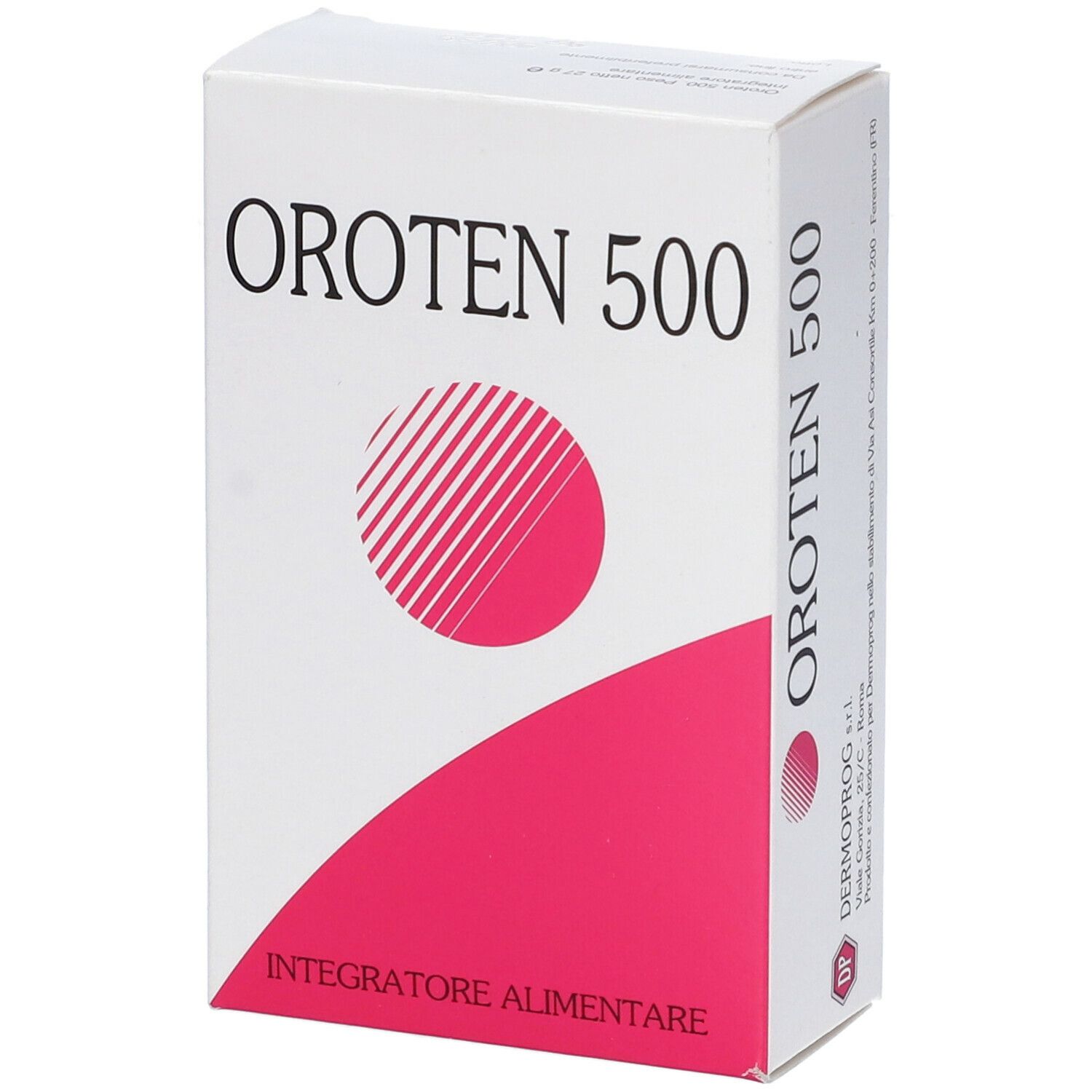 Confezione Oroten 500. Scatola bianca con design rosa. Nome prodotto e logo. 'Integratore Alimentare' in basso.