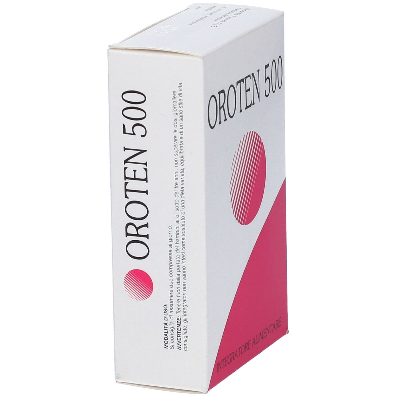Confezione Oroten 500. Vista angolata. Scatola bianca con design rosa. Nome e logo. Testo sul lato.