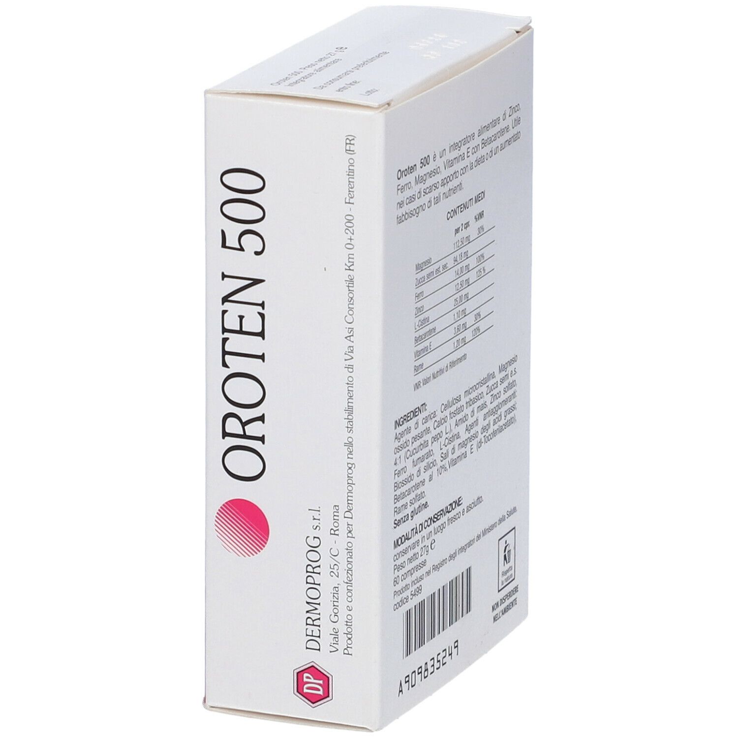 Confezione Oroten 500. Vista angolata. Contiene informazioni. Logo e testo. Informazioni produttore.