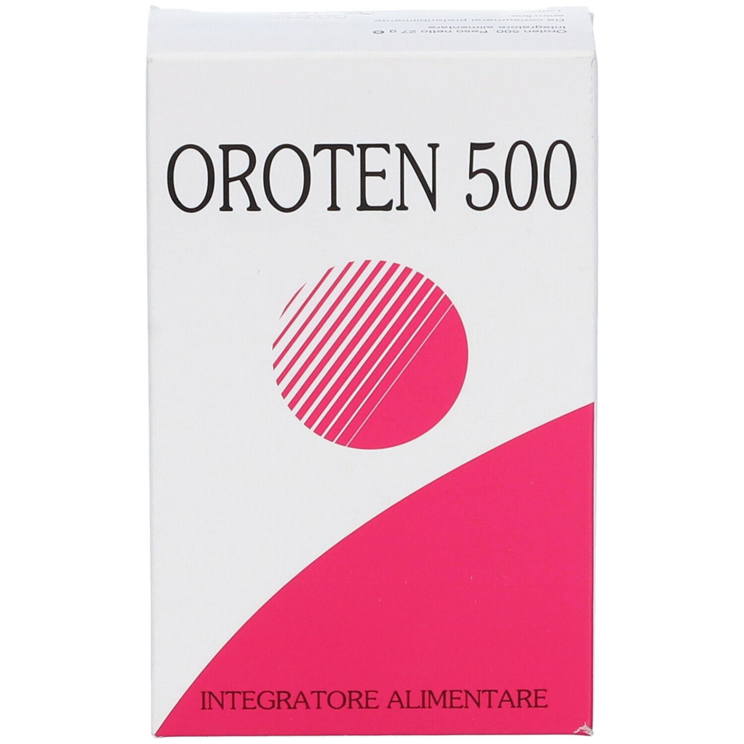 Confezione Oroten 500. Vista frontale. Scatola bianca con design rosa. Nome prodotto e logo. 'Integratore Alimentare'.