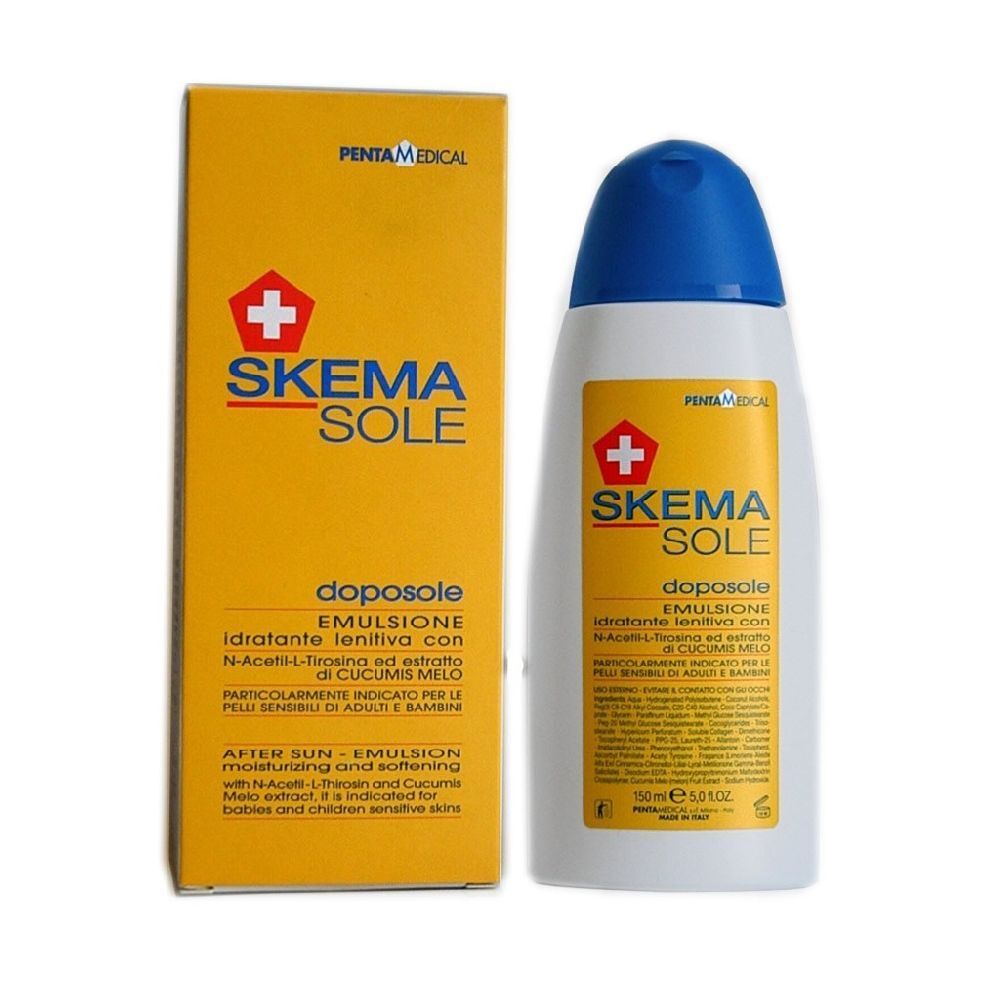 Scatola e flacone gialli. Scritto: Skema Sole, emulsione. Logo croce rossa. Tappo blu. Testo in italiano.