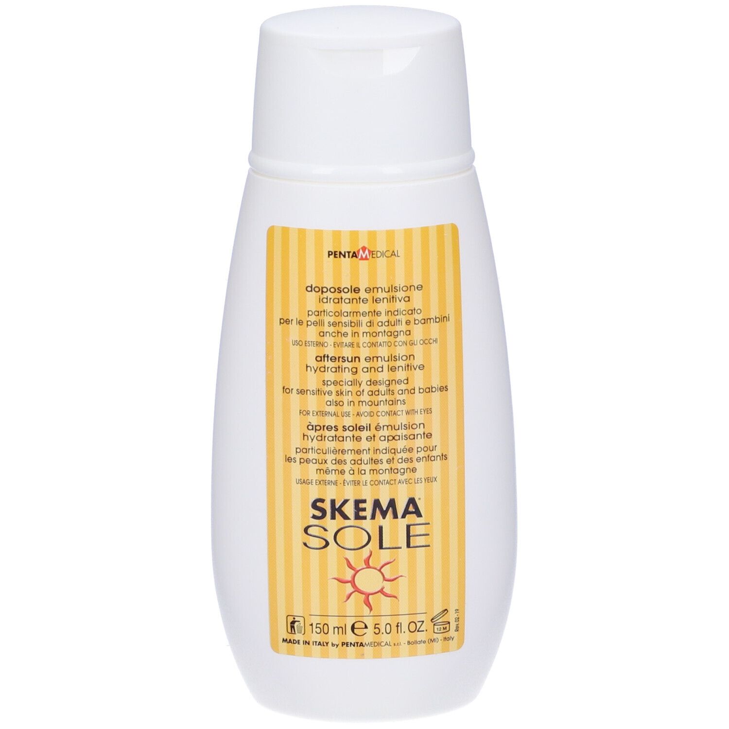 Flacone bianco con tappo bianco. Scritto: Skema Sole, emulsione. Adesivo giallo con testo in italiano. Logo sole.