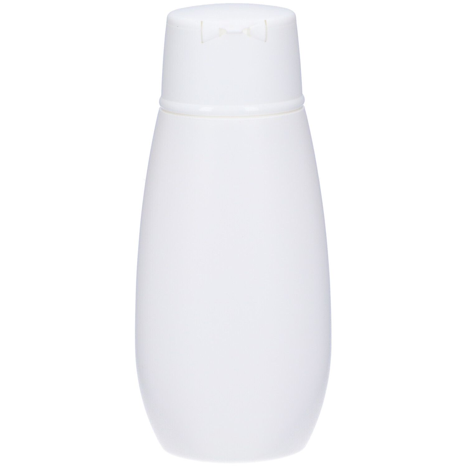 Flacone bianco con tappo bianco. A forma di goccia. Nessuna scritta visibile.