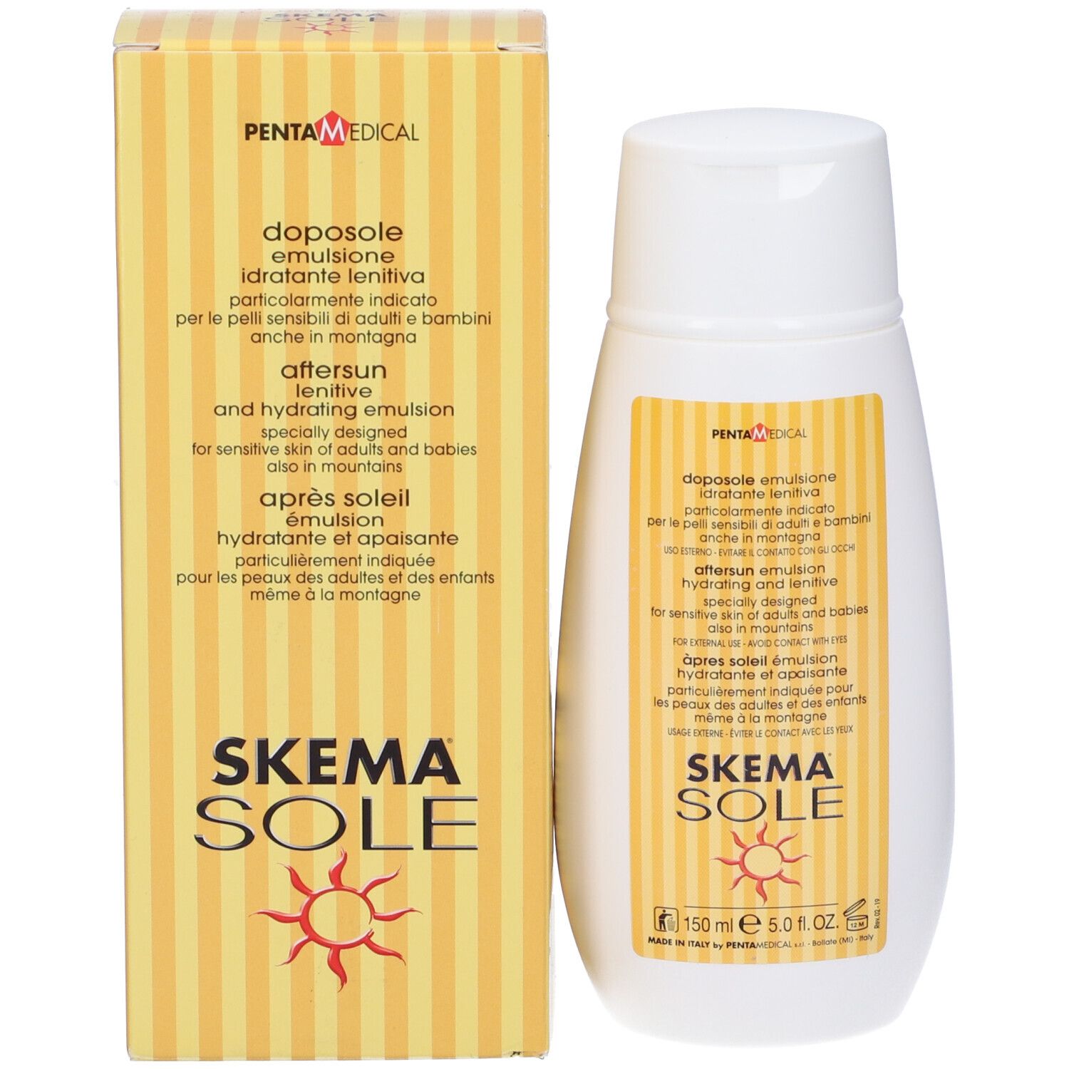 Scatola gialla e flacone bianco. Scritto: Skema Sole, emulsione. Logo croce rossa. Testo in italiano. Logo sole.