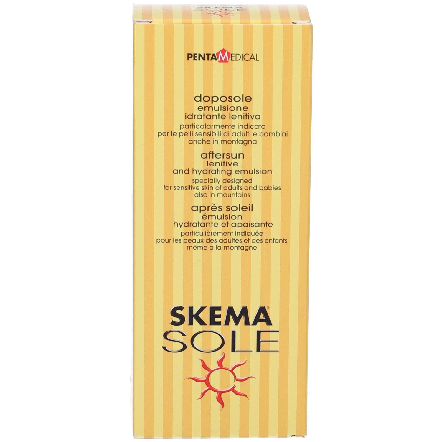 Scatola gialla. Scritto: Skema Sole, emulsione. Testo in italiano. Logo sole. Logo croce rossa.
