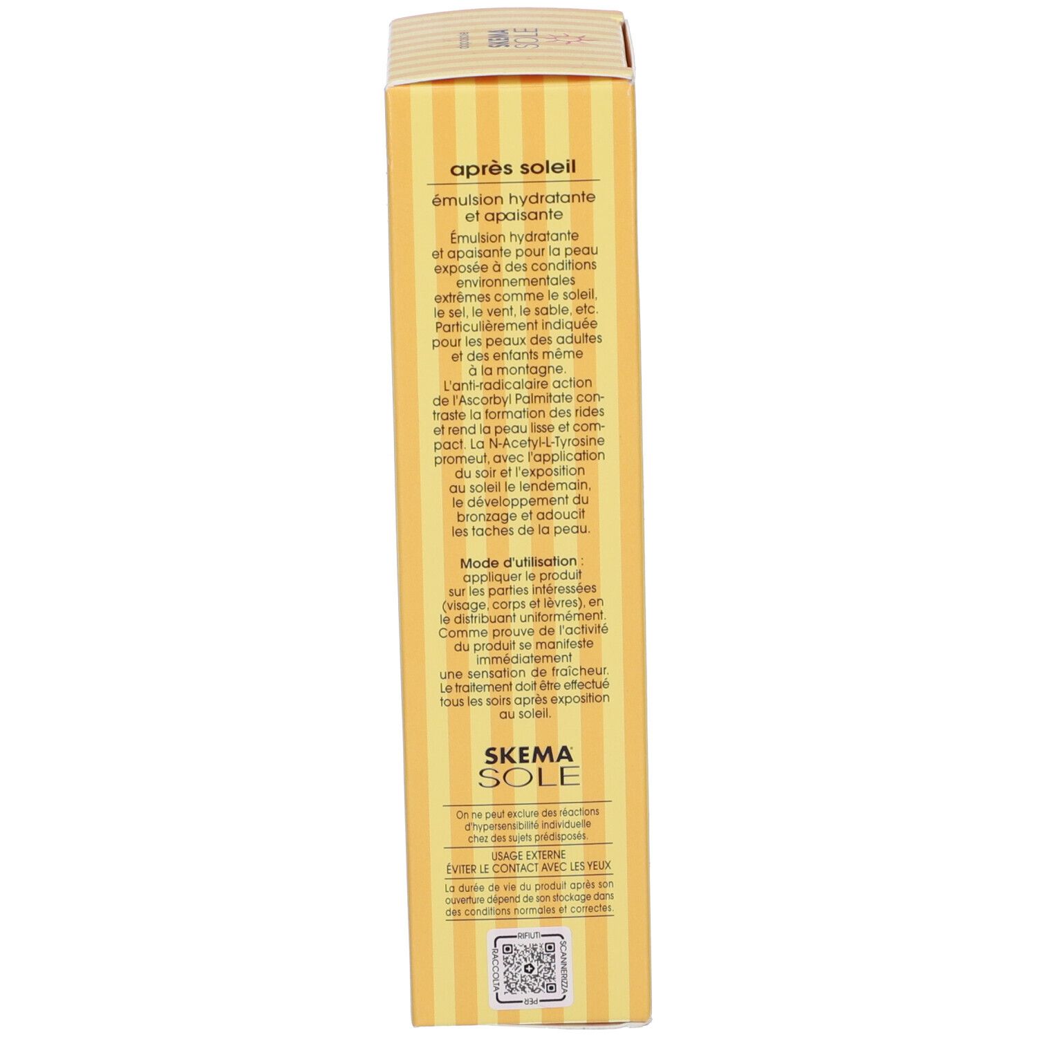 Scatola gialla. Retro con testo in italiano. Scritto: Skema Sole. Codice QR. Ingredienti e modalità d'uso.