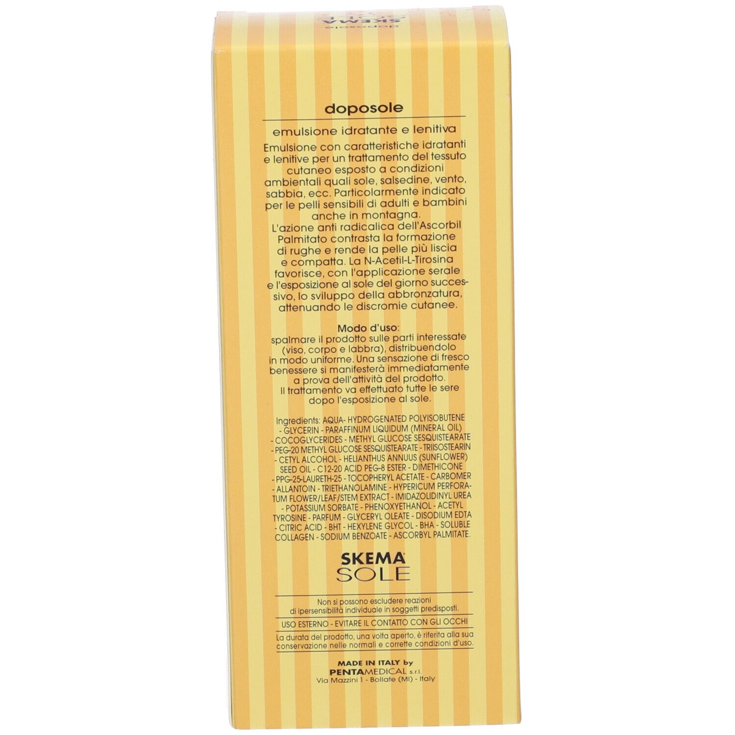 Scatola gialla. Retro con testo in italiano. Scritto: Skema Sole. Ingredienti e modalità d'uso. Prodotto in Italia.