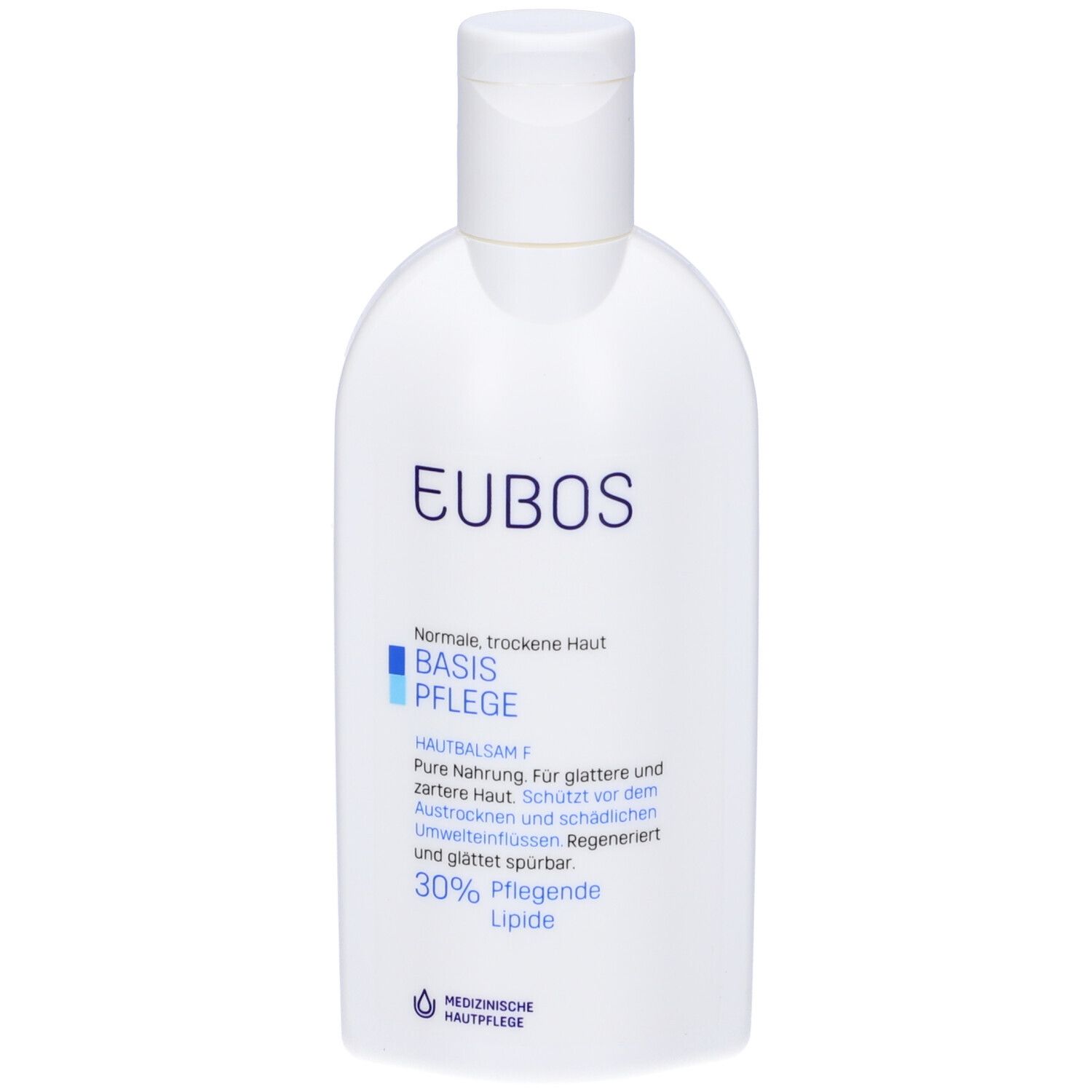 Weiße Flasche mit blauem Etikett. Aufschrift: EUBOS, BASIS PFLEGE, HAUTBALSAM F. 30% Lipide. Medizinische Hautpflege.