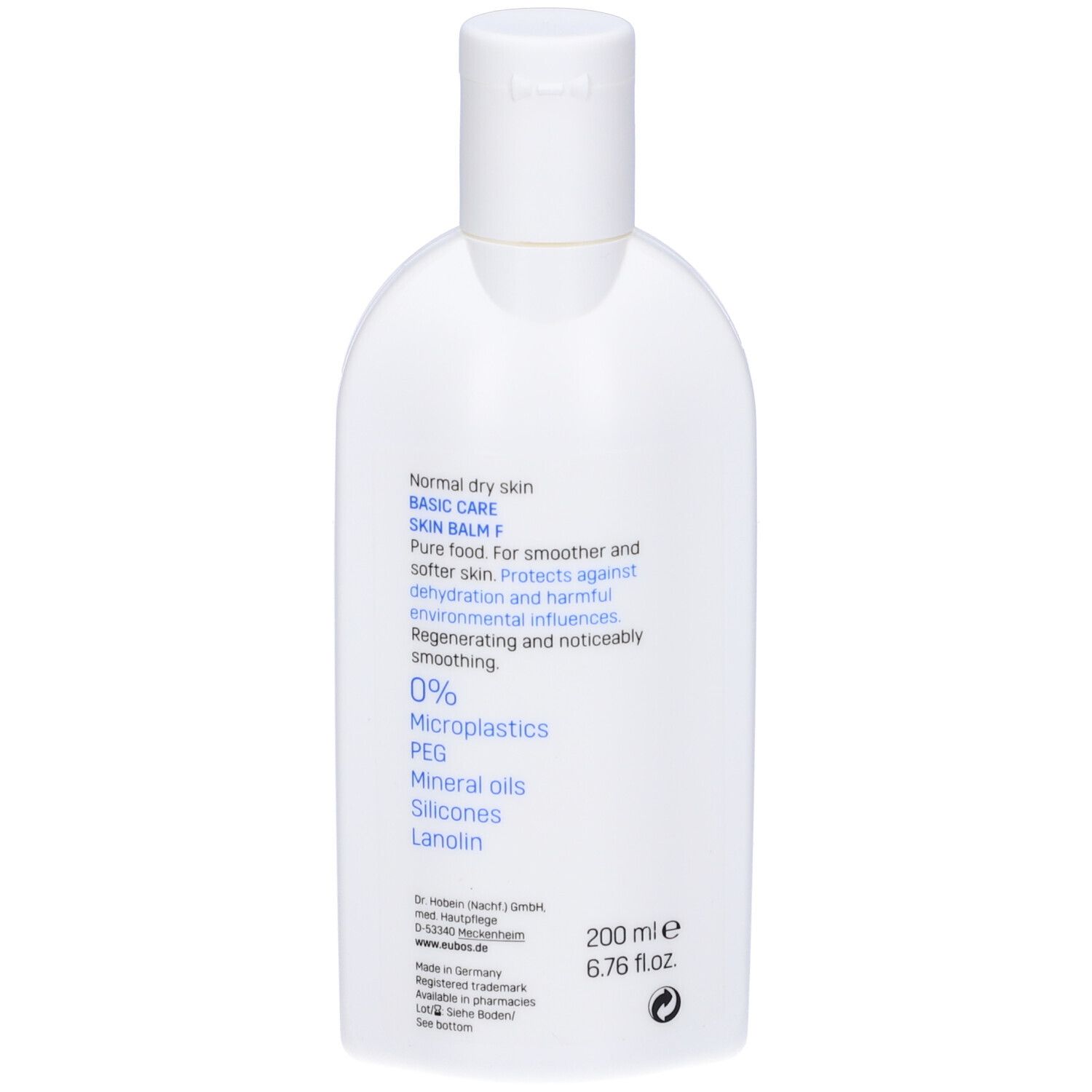 Rückseite der weißen Flasche. Text: BASIC CARE, SKIN BALM F. 0% Mikroplastik, PEG, Mineralöle, Silikone, Lanolin. 200 ml.