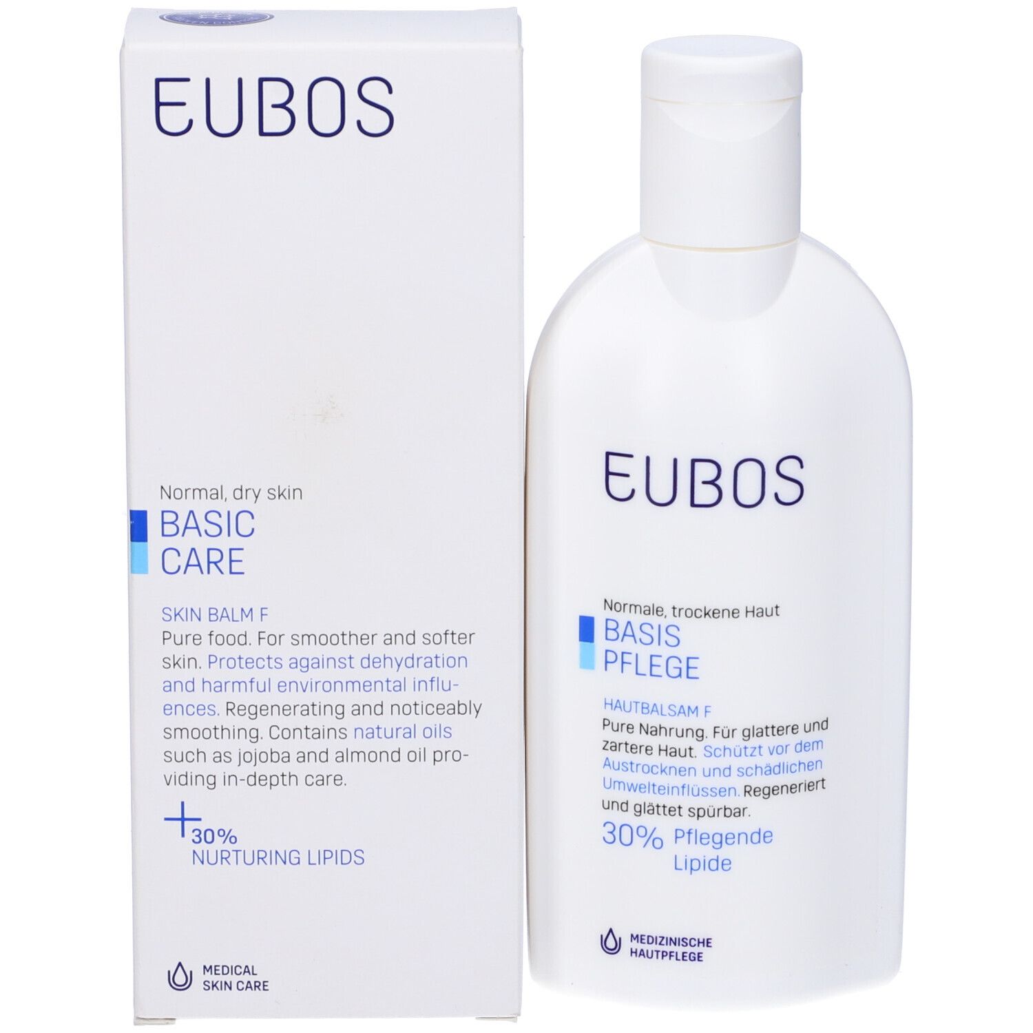 Weiße Schachtel und Flasche. Aufschrift: EUBOS, BASIC CARE, SKIN BALM F. 30% Lipide. Medizinische Hautpflege. Flasche: BASIS PFLEGE.