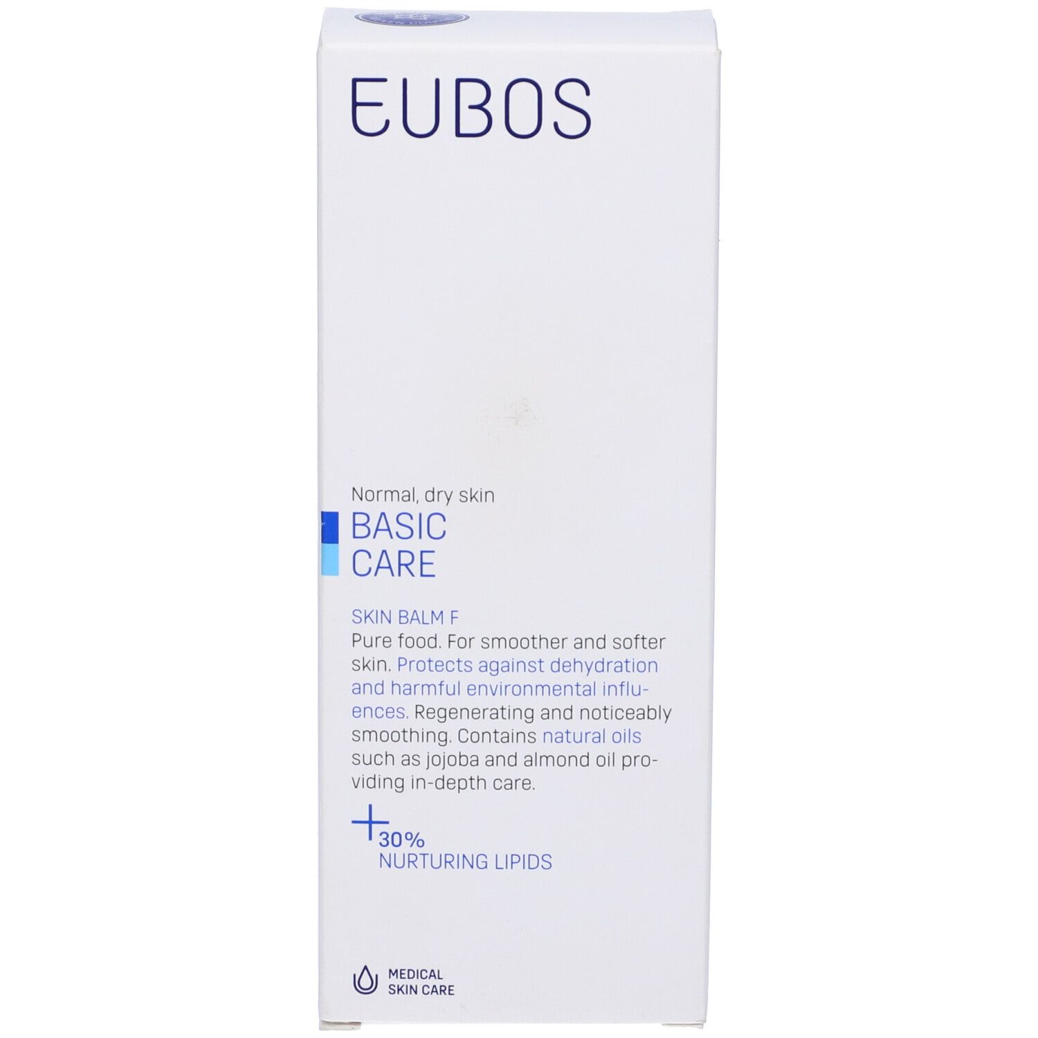 Weiße Schachtel mit blauer Aufschrift: EUBOS, BASIC CARE, SKIN BALM F. 30% Nurturing Lipids. Medizinische Hautpflege.