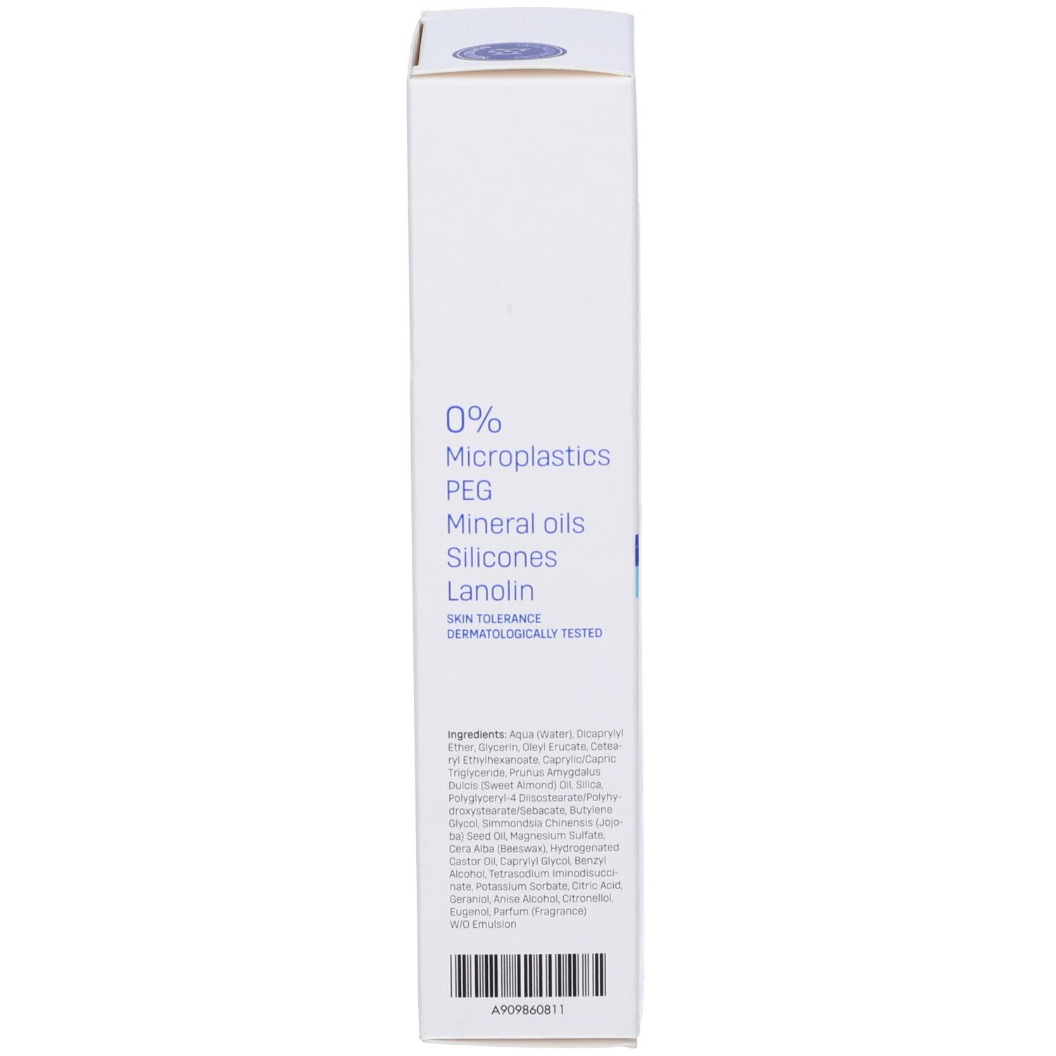 Seite der weißen Schachtel. Text: 0% Mikroplastik, PEG, Mineralöle, Silikone, Lanolin. Dermatologisch getestet. Inhaltsstoffe.