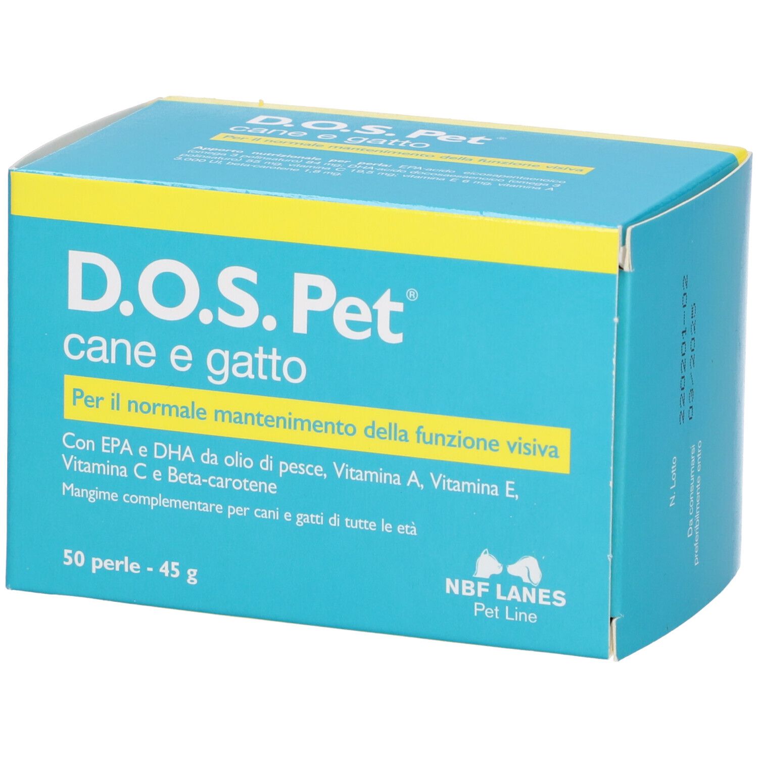 Scatola turchese con dettagli gialli. Scritto: D.O.S. Pet, cane e gatto, 50 perle - 45 g. Mangime complementare.
